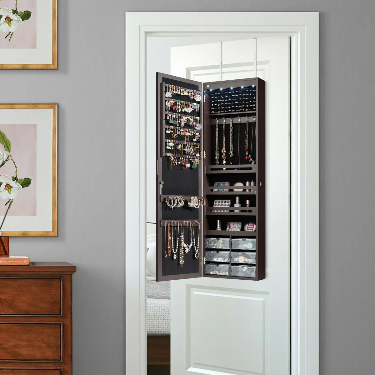 Door Hanging Mirror Jewelry Armoire, Full Length Mirror, 6 Drawers, Brown - Image 9