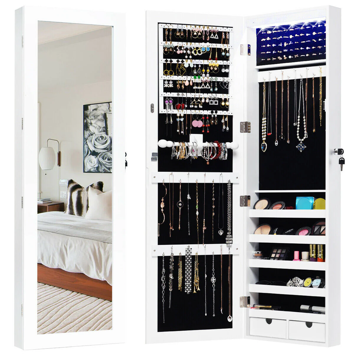 Door Mounted Lockable Mirrored Jewelry Cabinet With LED Lights, White