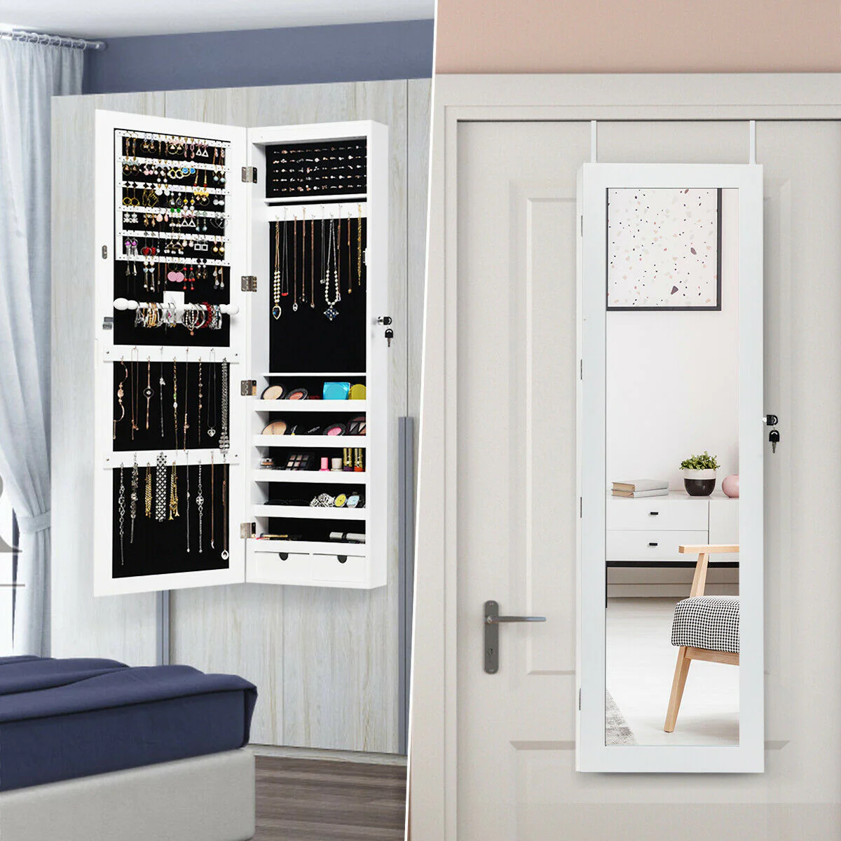 Door Mounted Lockable Mirrored Jewelry Cabinet With LED Lights, White - Image 10