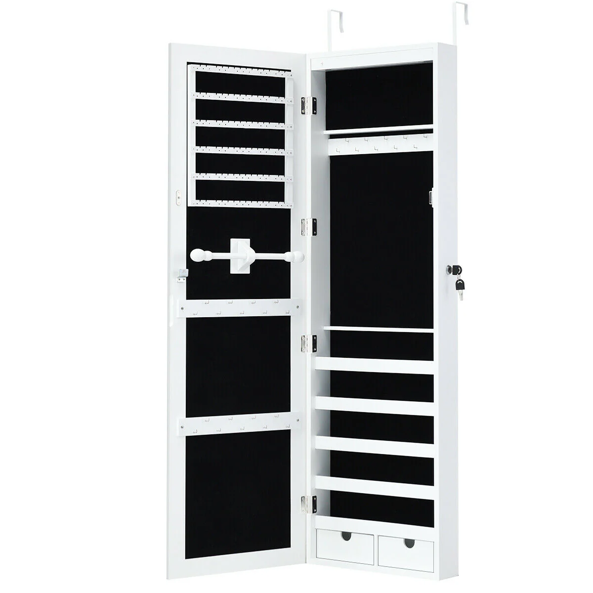 Door Mounted Lockable Mirrored Jewelry Cabinet With LED Lights, White - Image 5