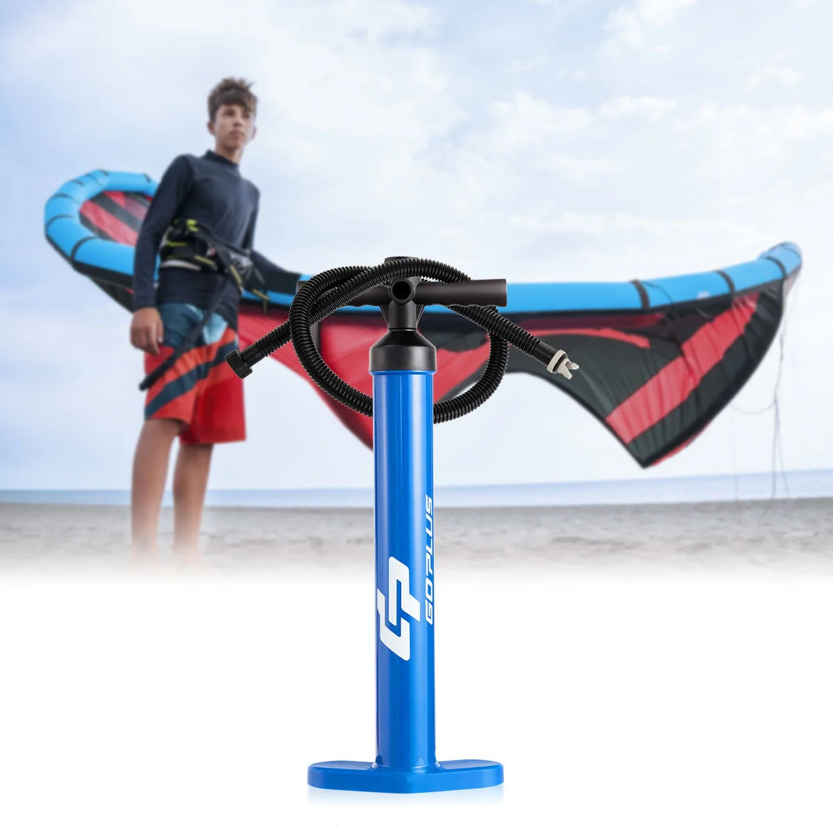 Double Action Manual SUP Hand Pump With Gauge, Blue - Image 2