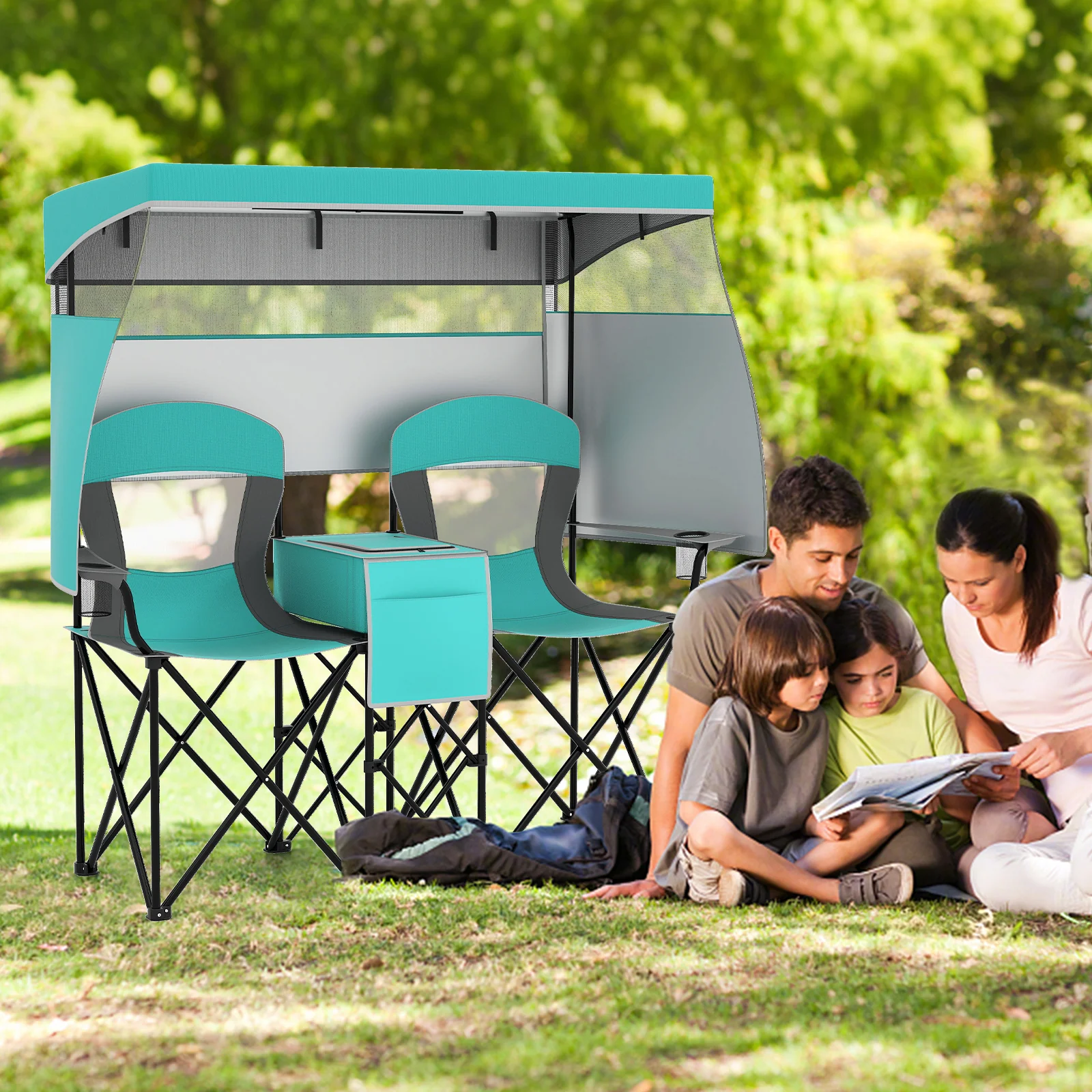 Double Beach Chair, Adjustable Canopy, 3-Side Shading Curtains, Turquoise - Image 3