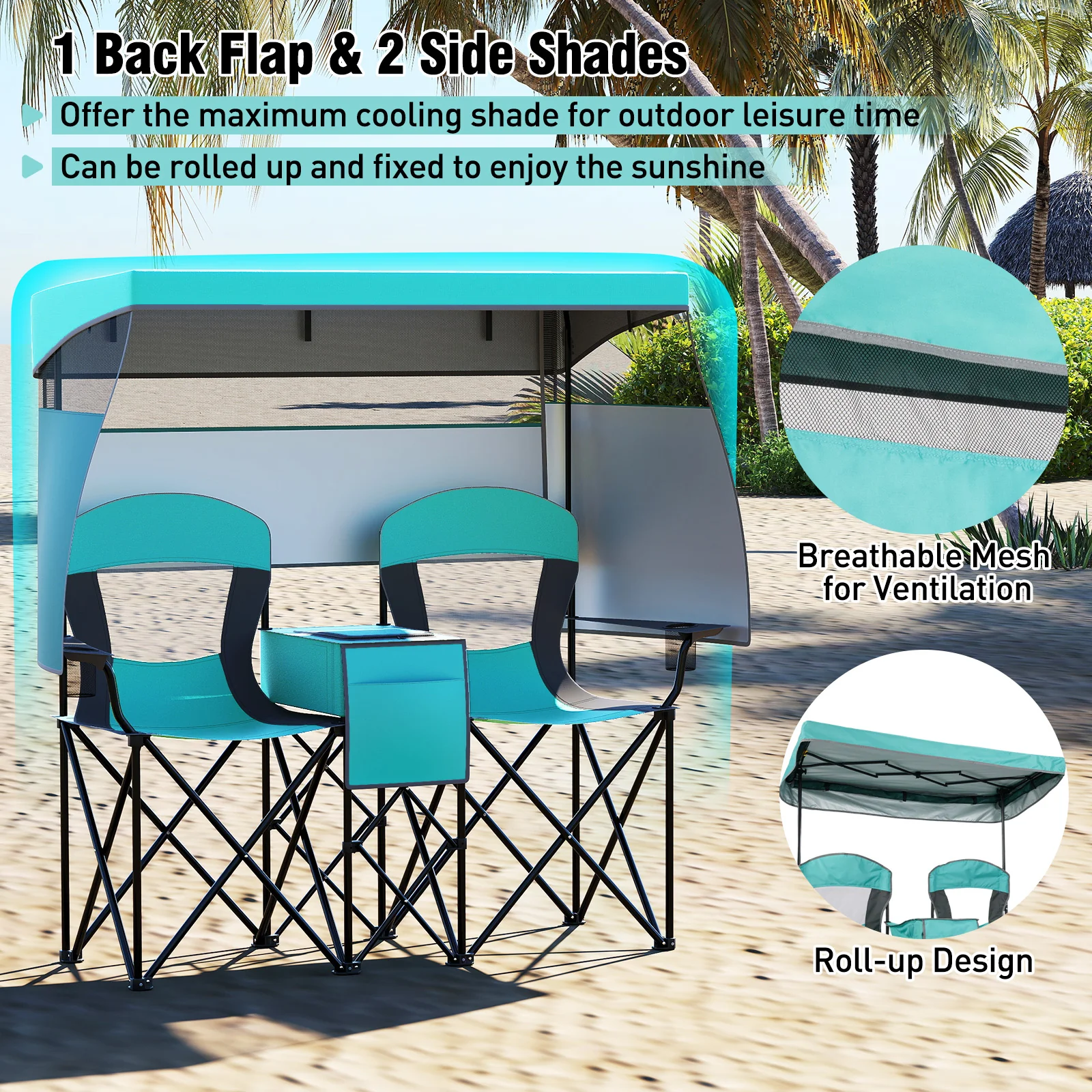 Double Beach Chair, Adjustable Canopy, 3-Side Shading Curtains, Turquoise - Image 7