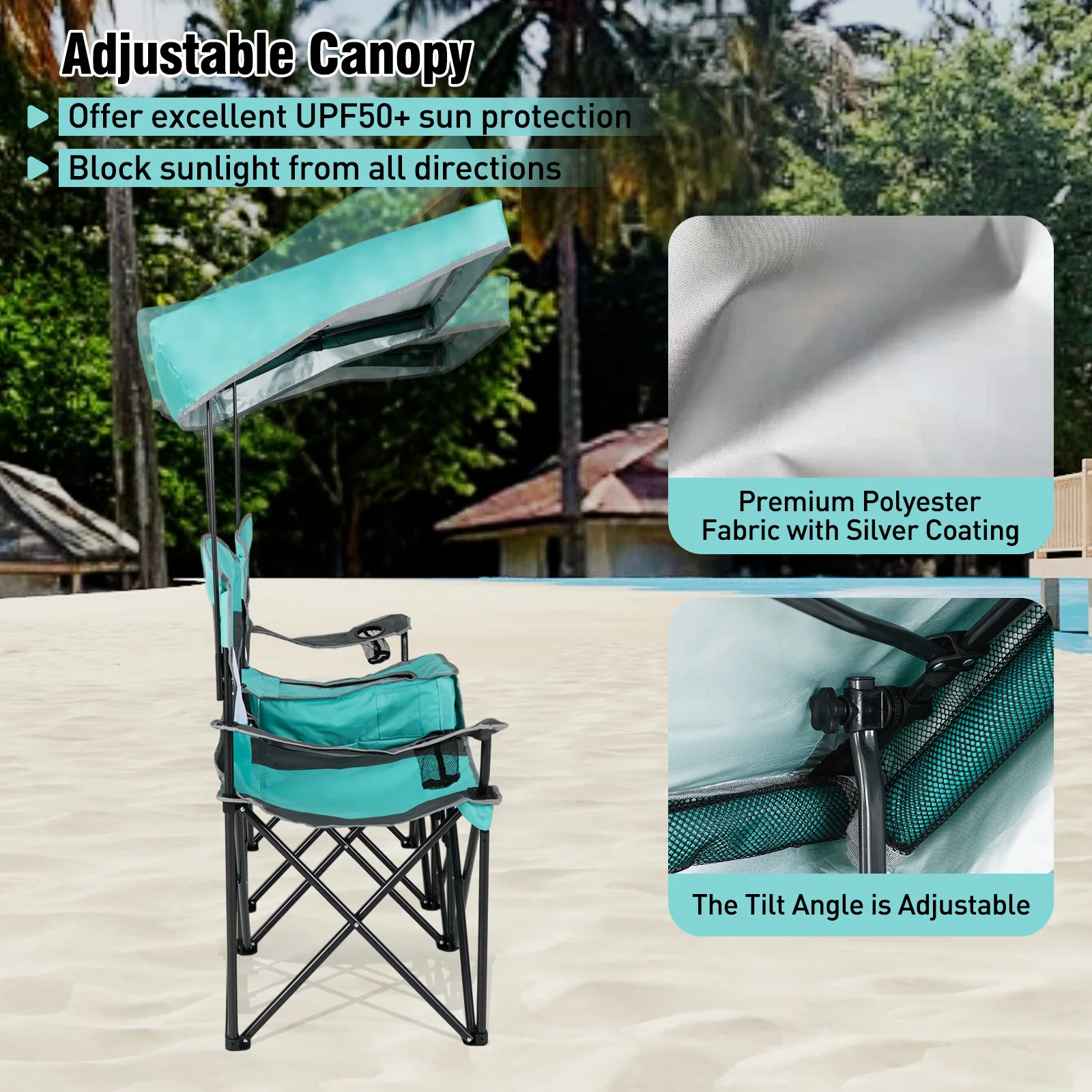 Double Beach Chair, Adjustable Canopy, 3-Side Shading Curtains, Turquoise - Image 8