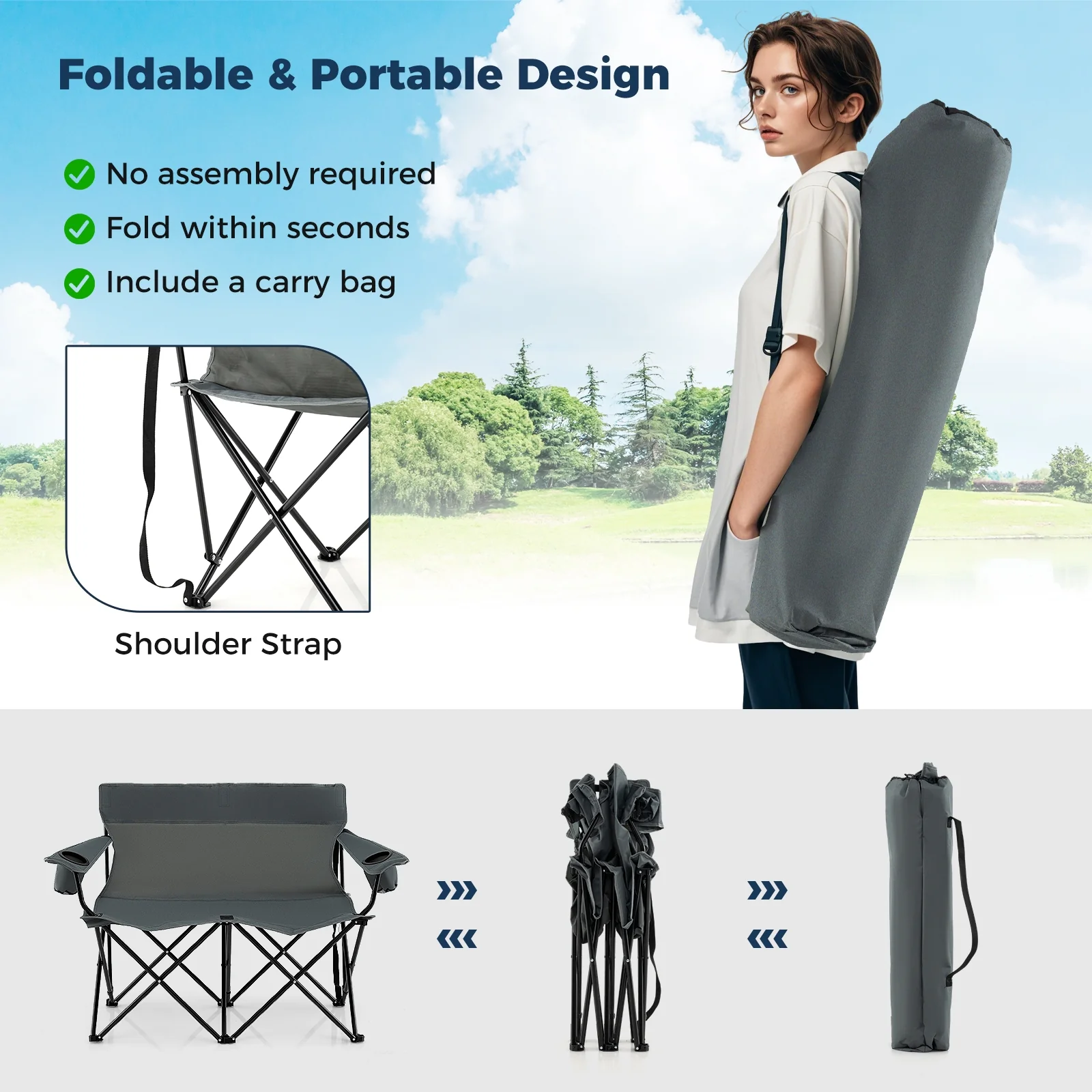 Double Camping Chair, 2-Person Folding Loveseat, Gray - Image 8