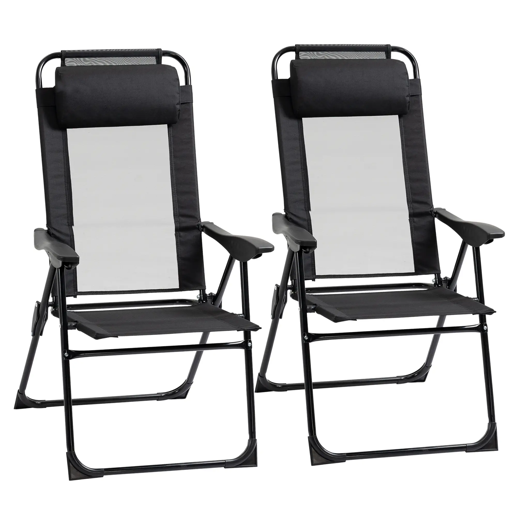 Double Camping Chairs, Foldable, Reclining, Headrest, Black