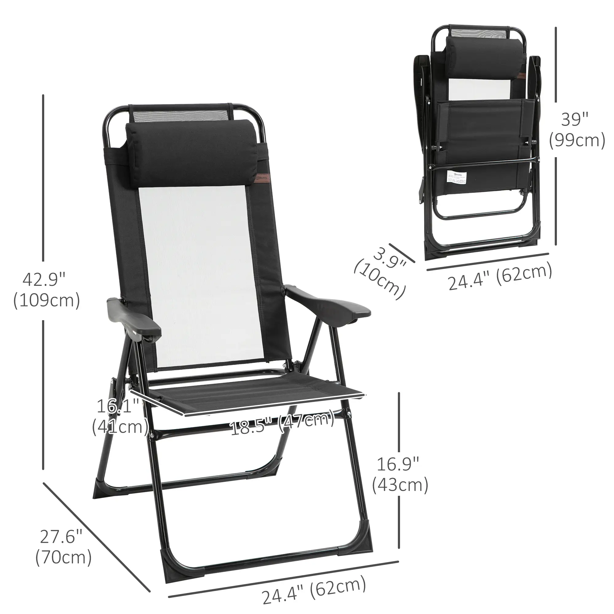 Double Camping Chairs, Foldable, Reclining, Headrest, Black - Image 3