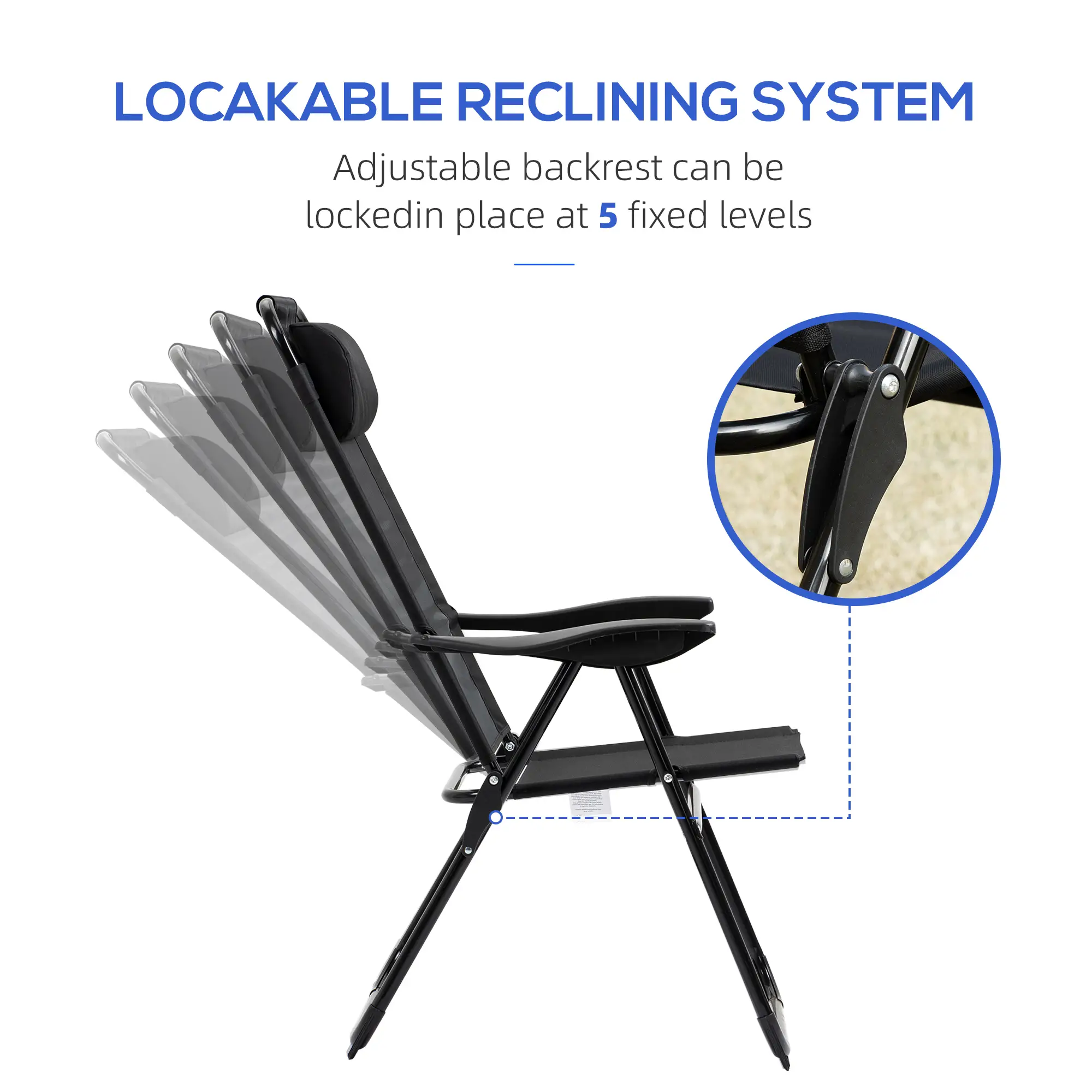 Double Camping Chairs, Foldable, Reclining, Headrest, Black - Image 5