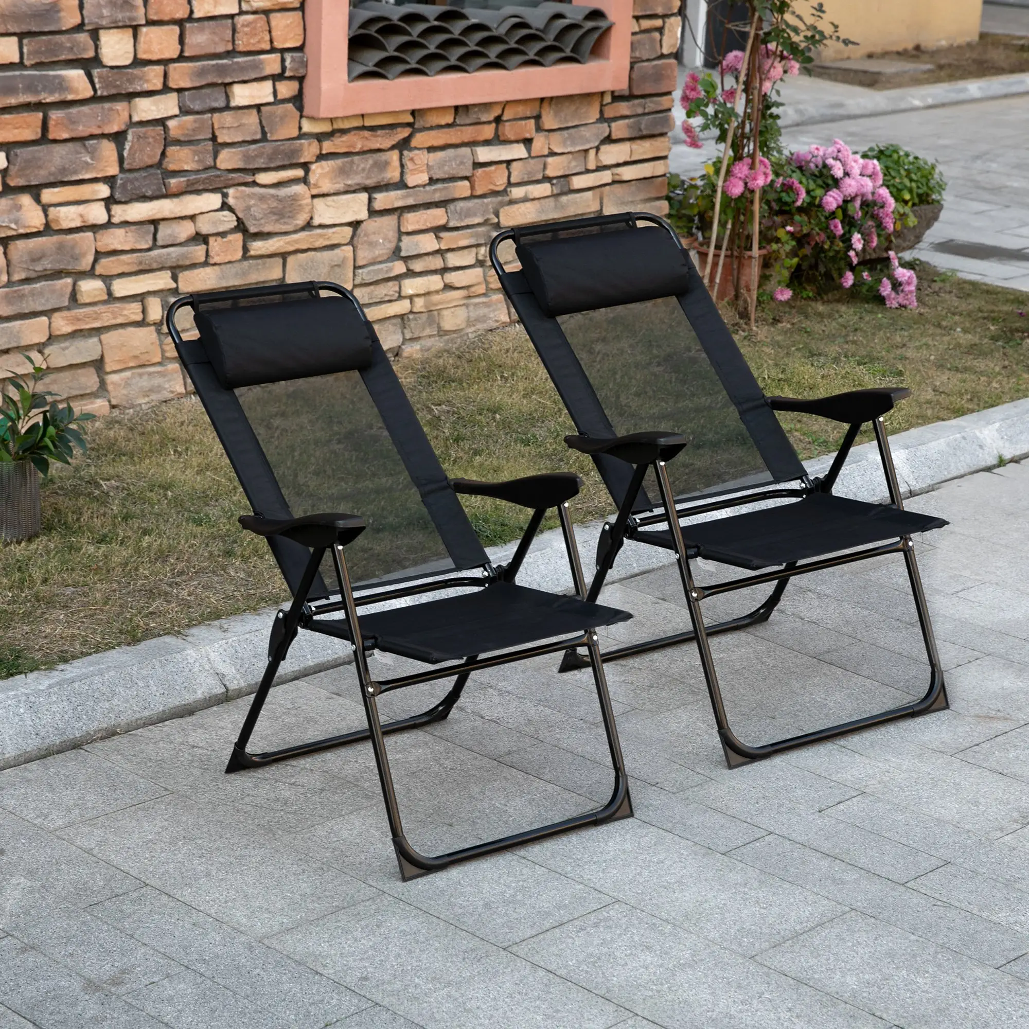 Double Camping Chairs, Foldable, Reclining, Headrest, Black - Image 8