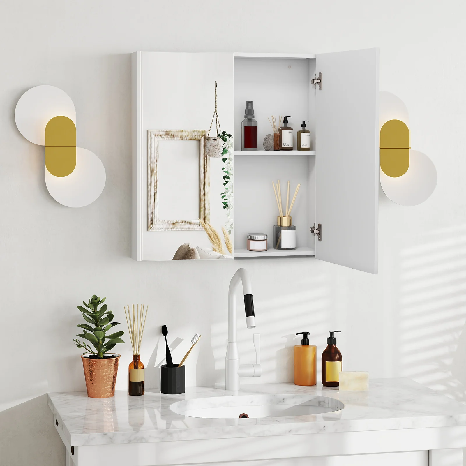 Double Door Bathroom Wall Cabinet With Mirror, Adjustable Shelf, White - Image 3