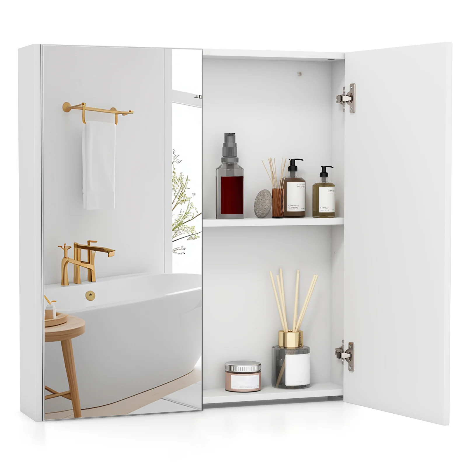 Double Door Bathroom Wall Cabinet With Mirror, Adjustable Shelf, White - Image 5