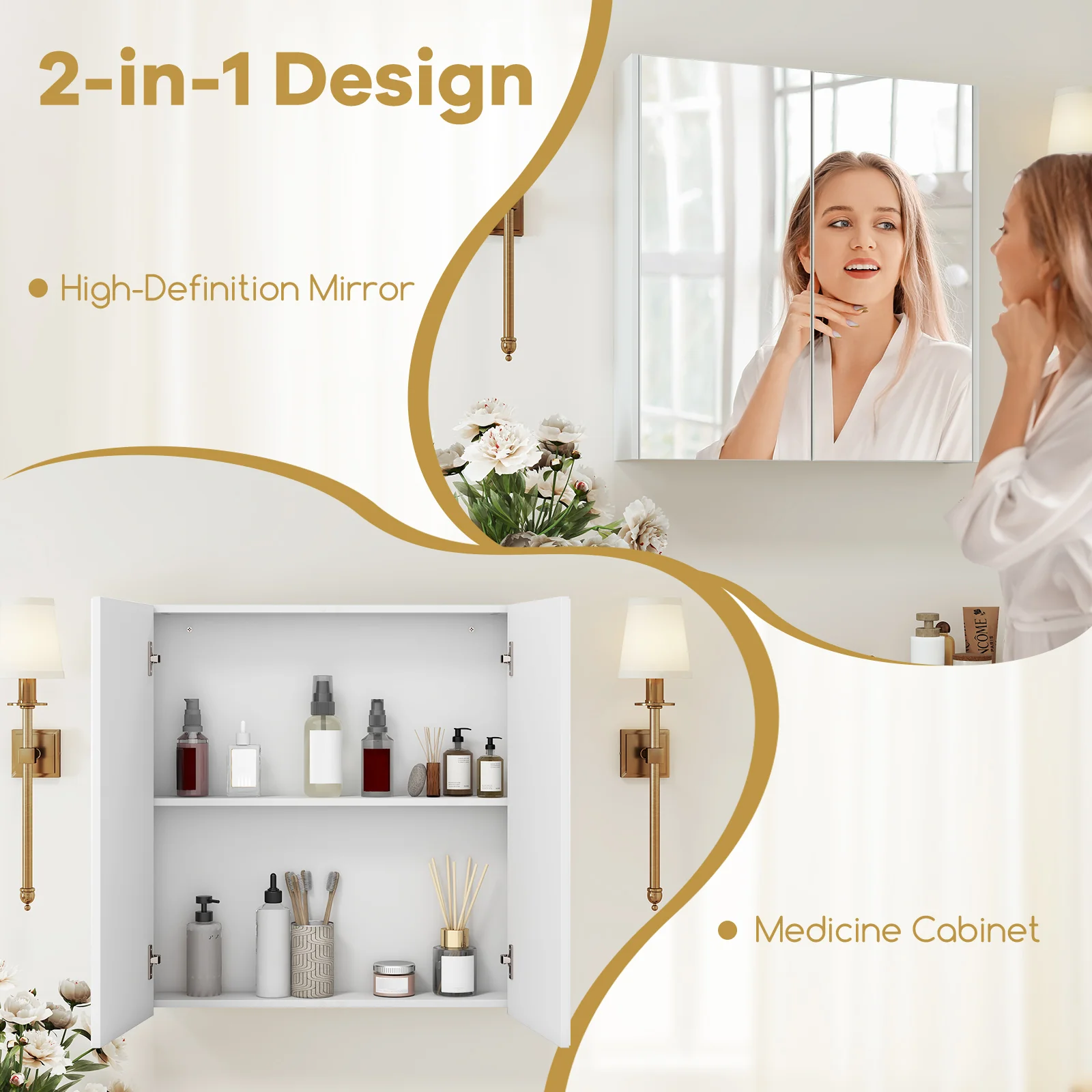 Double Door Bathroom Wall Cabinet With Mirror, Adjustable Shelf, White - Image 8