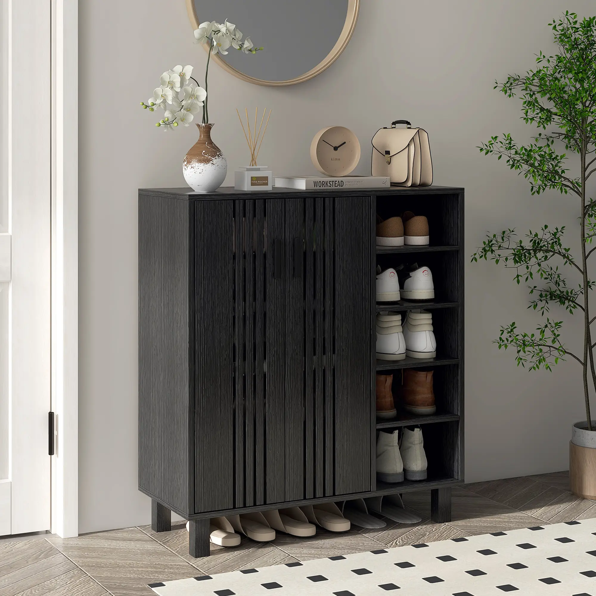 Double Door Shoe Storage, Open Shelves, 17 Pair Organizer, Black - Image 2