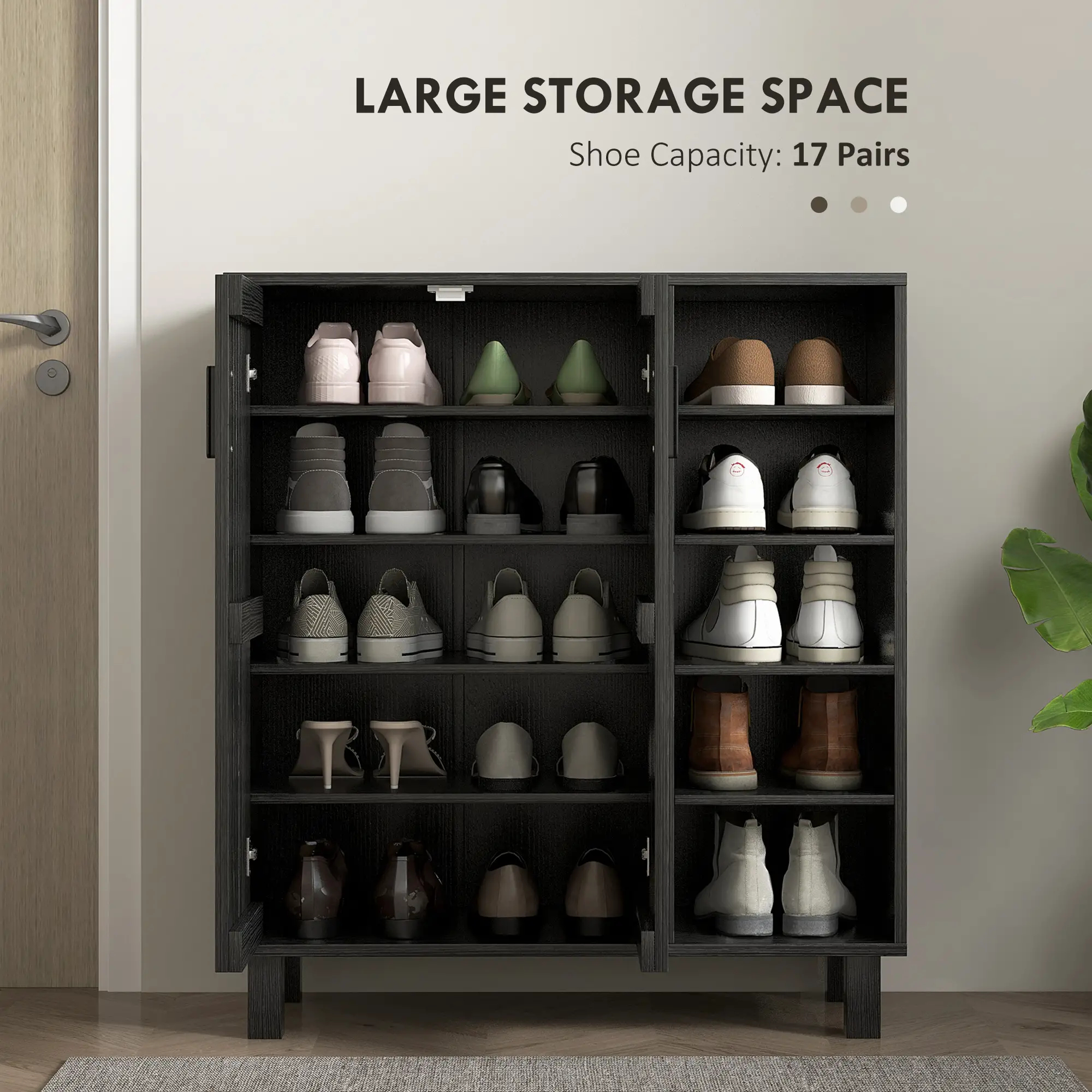 Double Door Shoe Storage, Open Shelves, 17 Pair Organizer, Black - Image 4