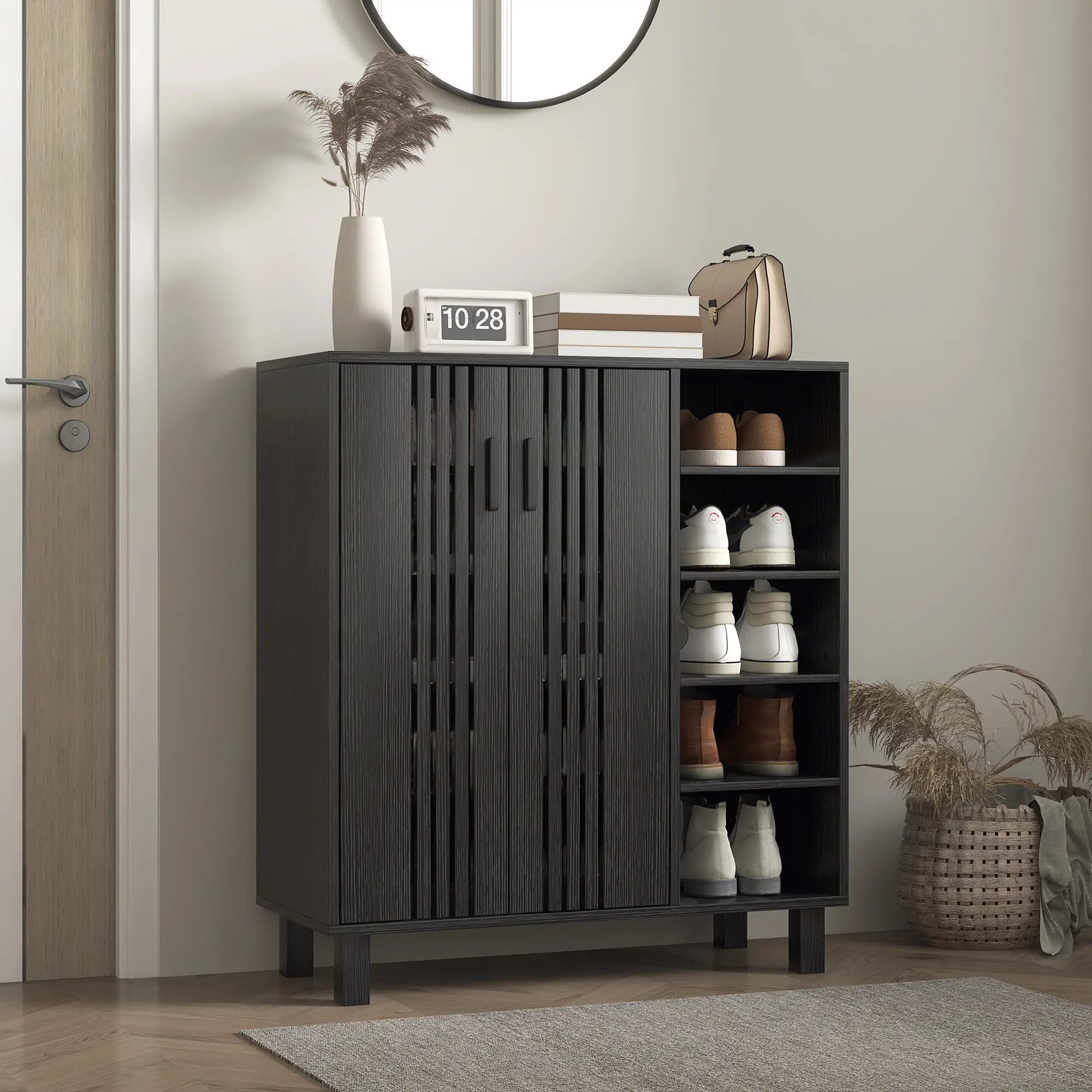 Double Door Shoe Storage, Open Shelves, 17 Pair Organizer, Black - Image 7