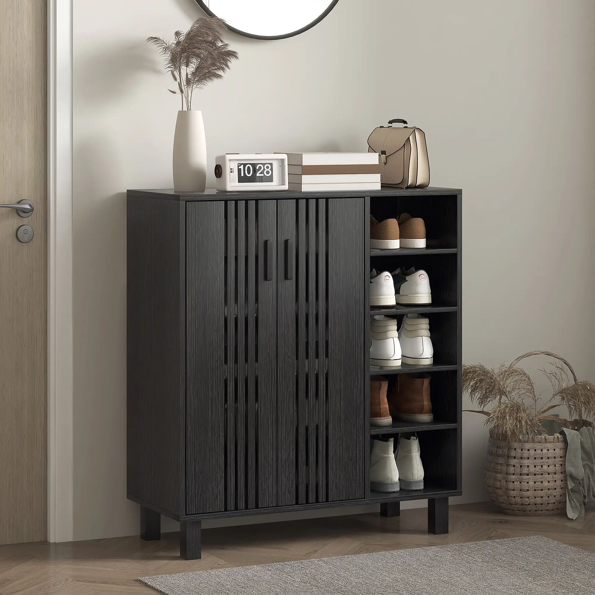 Double Door Shoe Storage, Open Shelves, 17 Pair Organizer, Black - Image 8