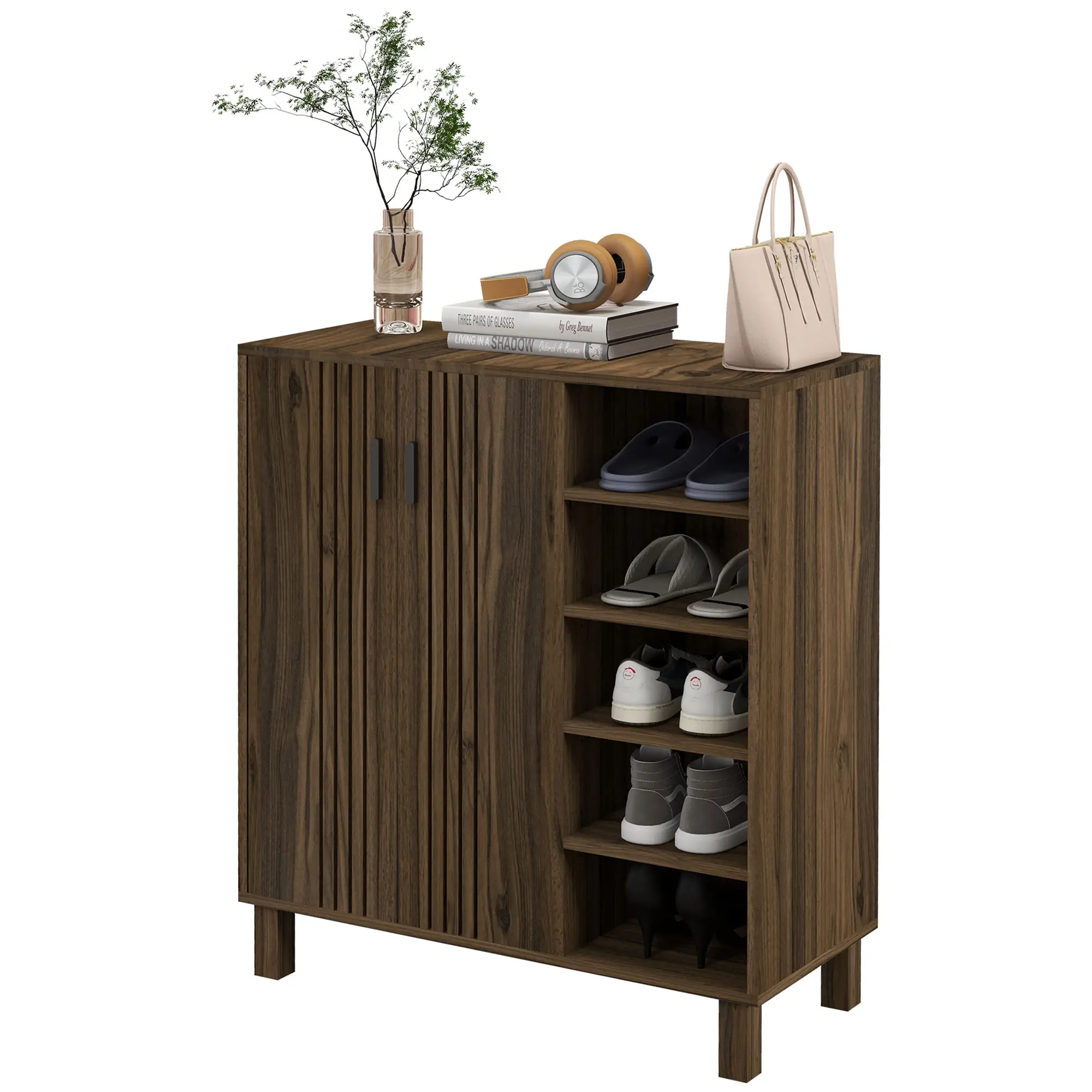 Double Door Shoe Storage, Open Shelves, 17 Pair, Walnut - Image 11