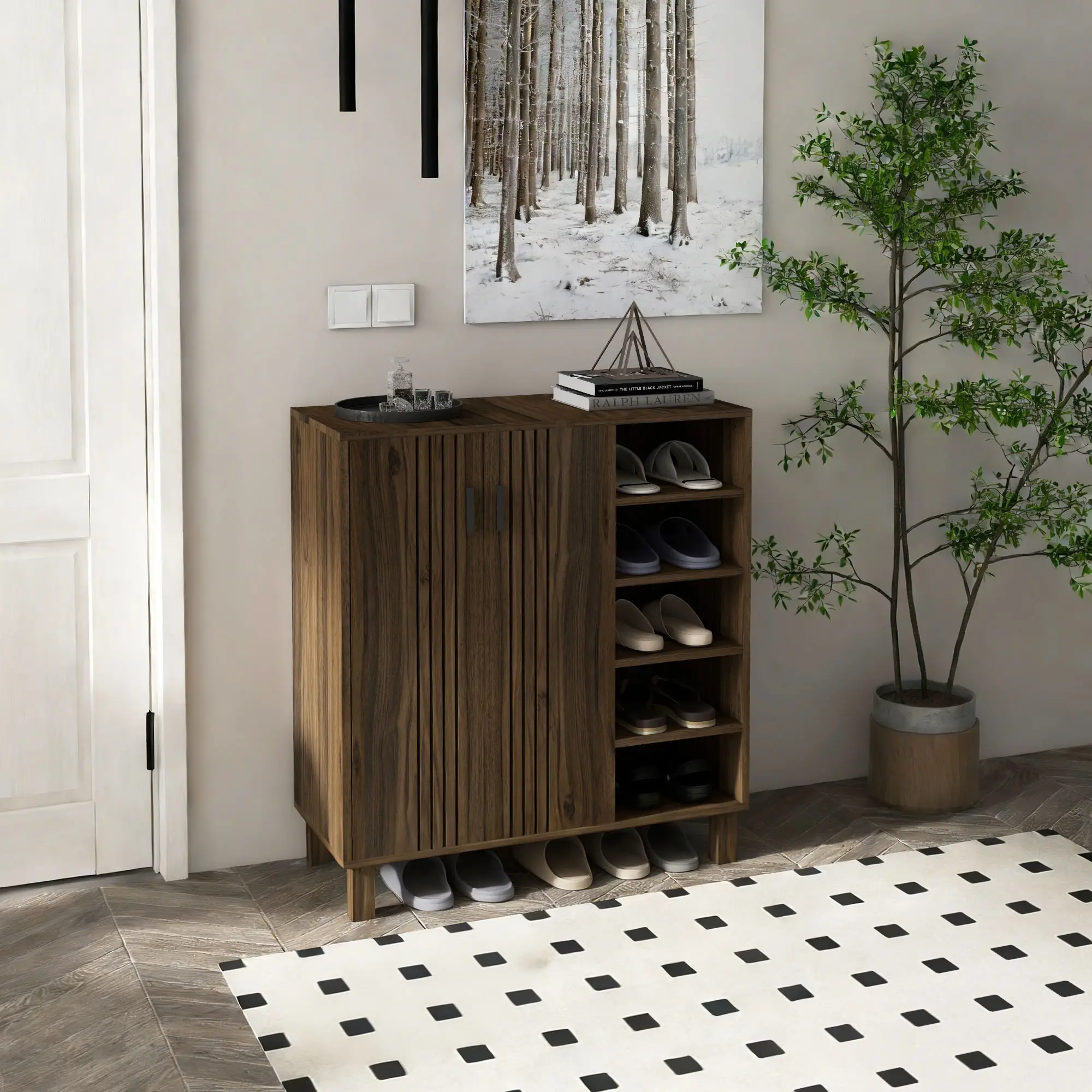 Double Door Shoe Storage, Open Shelves, 17 Pair, Walnut - Image 2