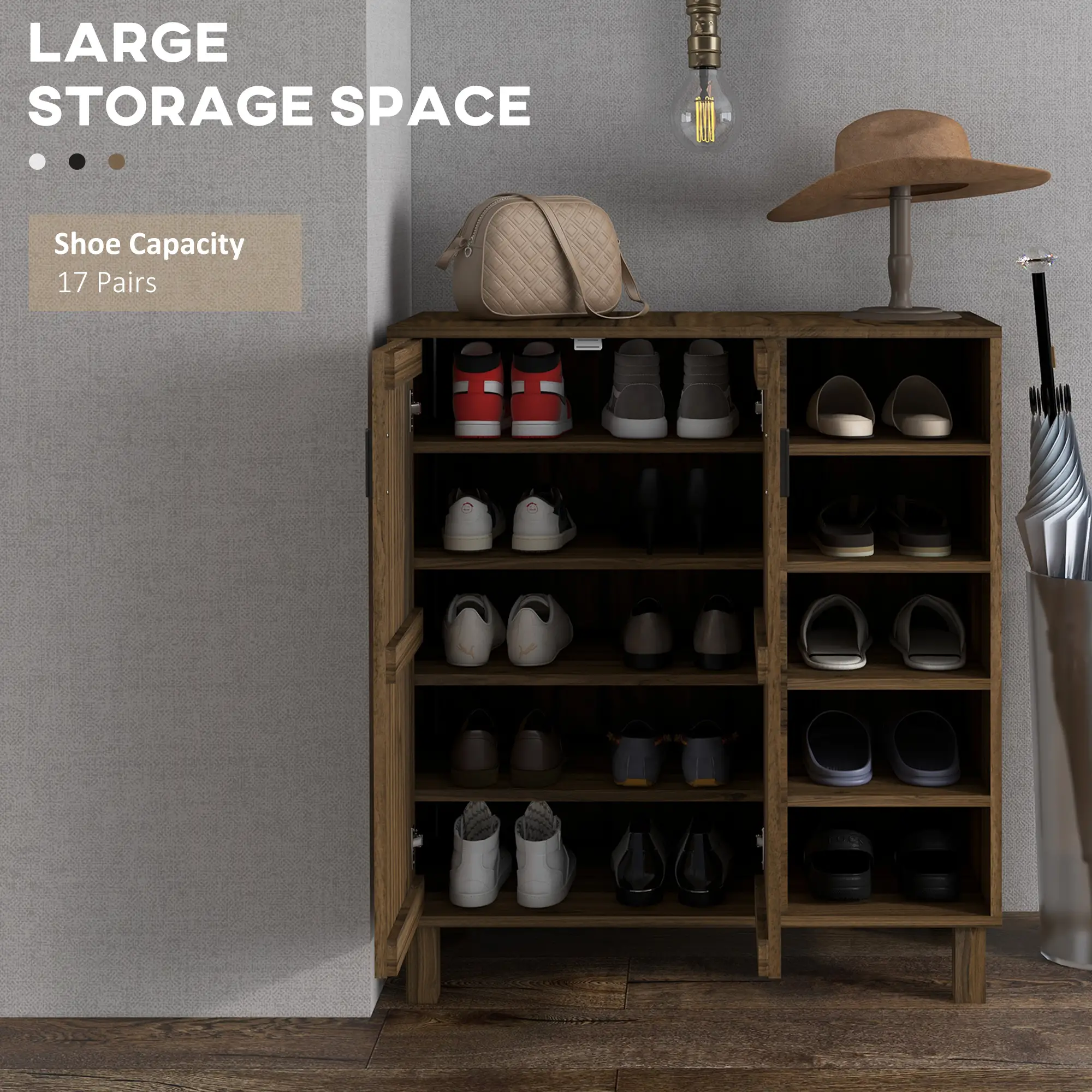 Double Door Shoe Storage, Open Shelves, 17 Pair, Walnut - Image 4