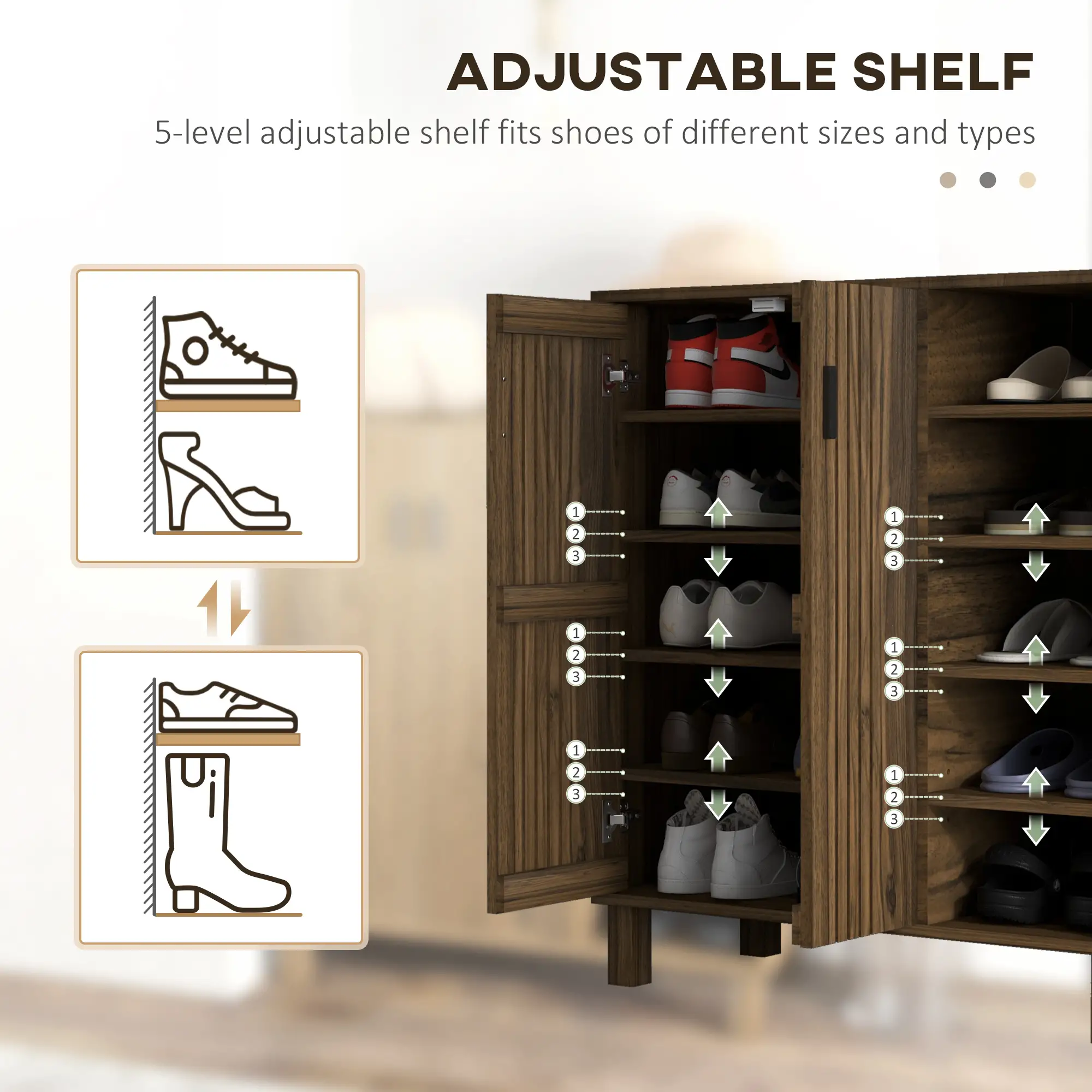 Double Door Shoe Storage, Open Shelves, 17 Pair, Walnut - Image 5