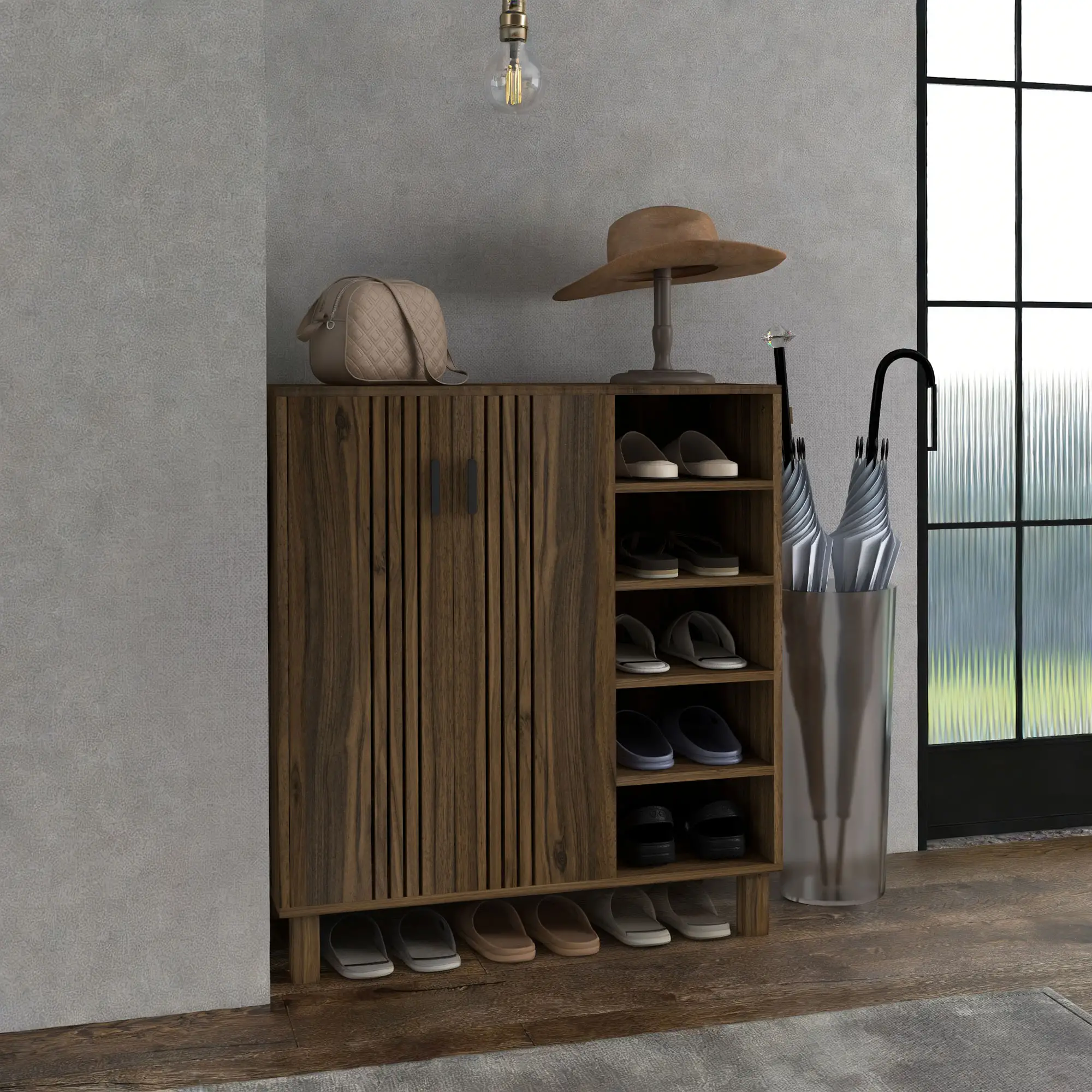 Double Door Shoe Storage, Open Shelves, 17 Pair, Walnut - Image 7