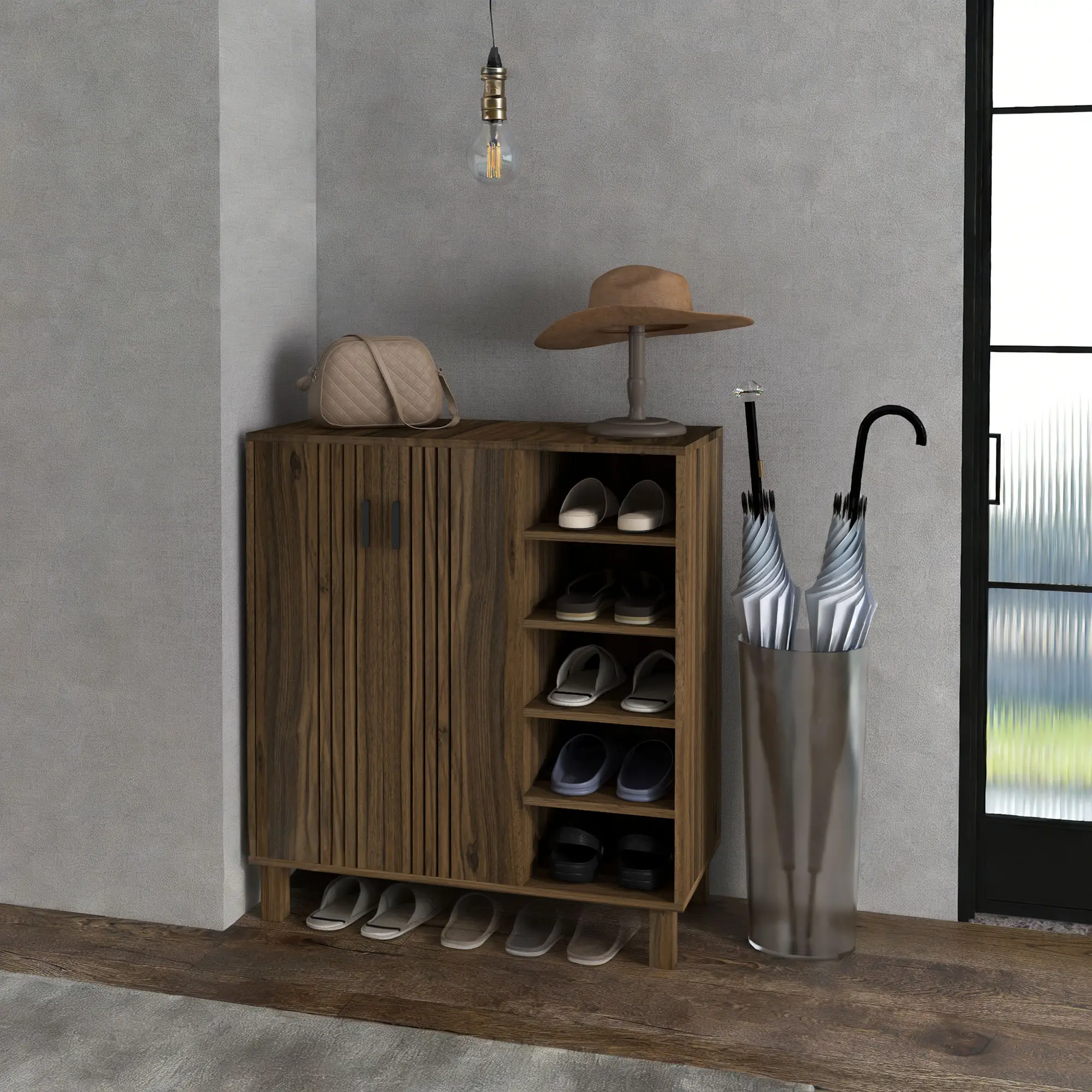 Double Door Shoe Storage, Open Shelves, 17 Pair, Walnut - Image 8