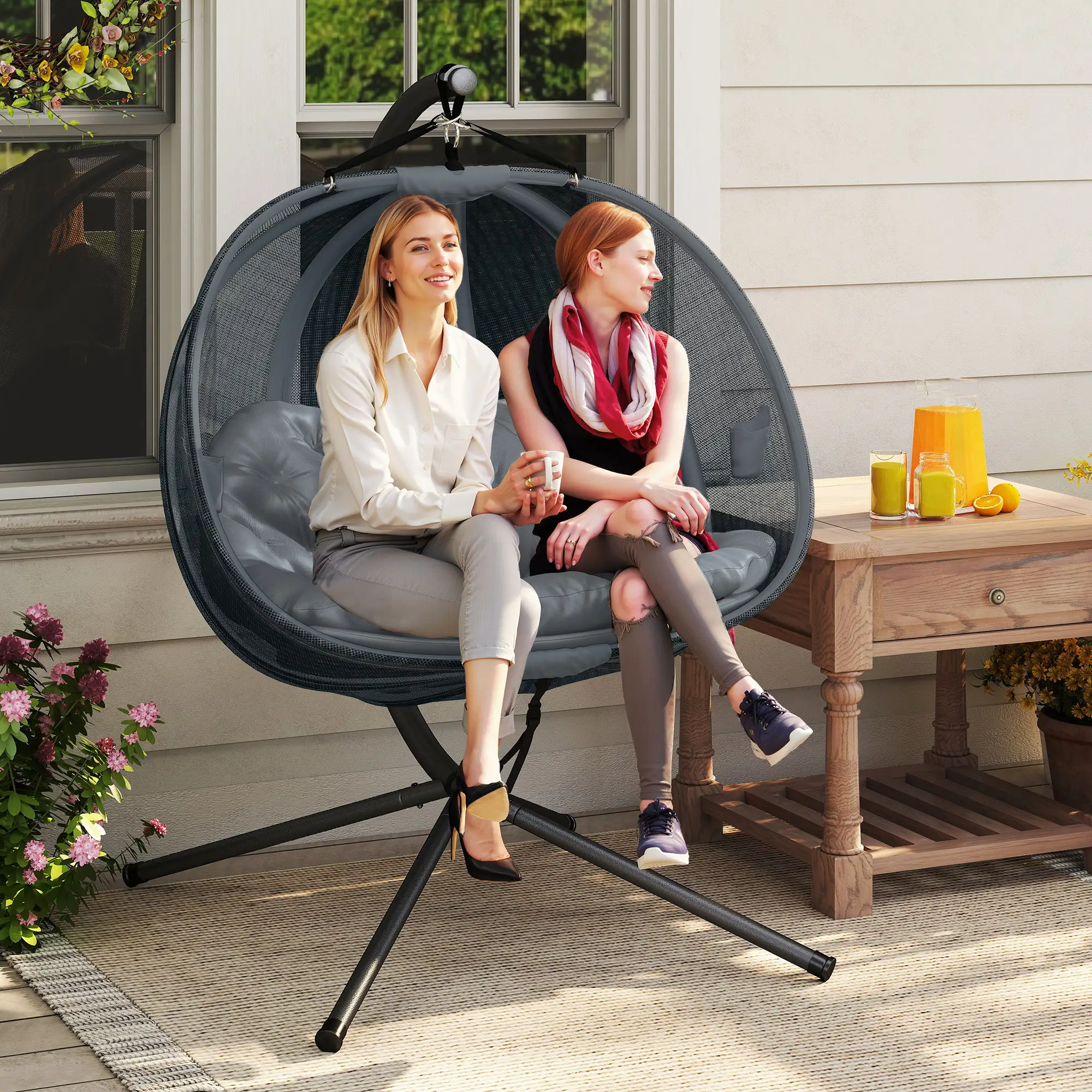 Double Egg Chair with Stand, 2 Person Hanging Swing, Grey - Image 2