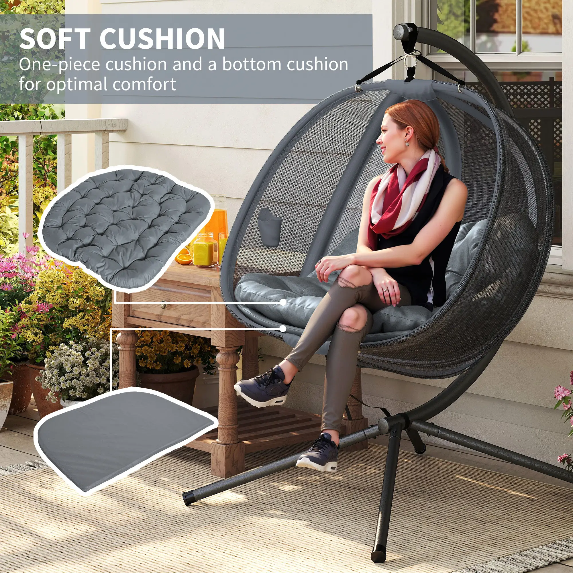 Double Egg Chair with Stand, 2 Person Hanging Swing, Grey - Image 5