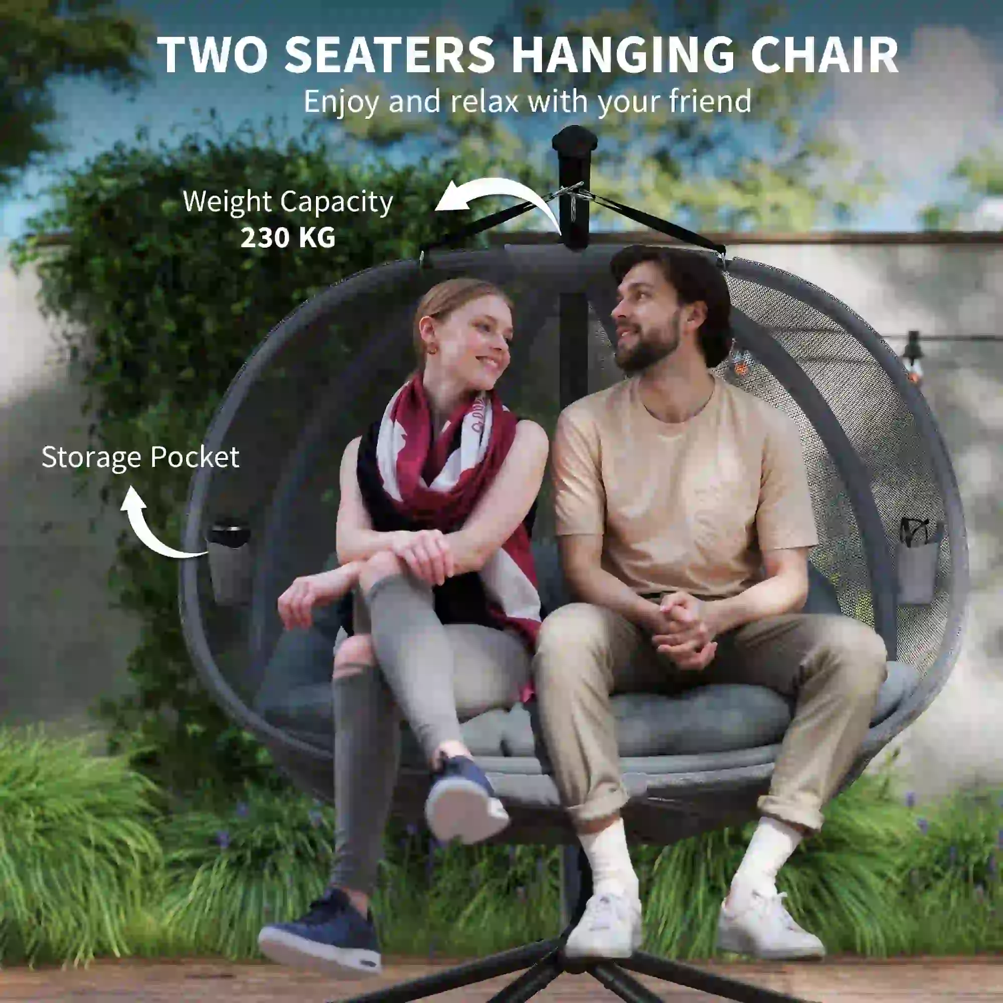 Double Egg Chair with Stand, 2 Person Hanging Swing, Grey - Image 7