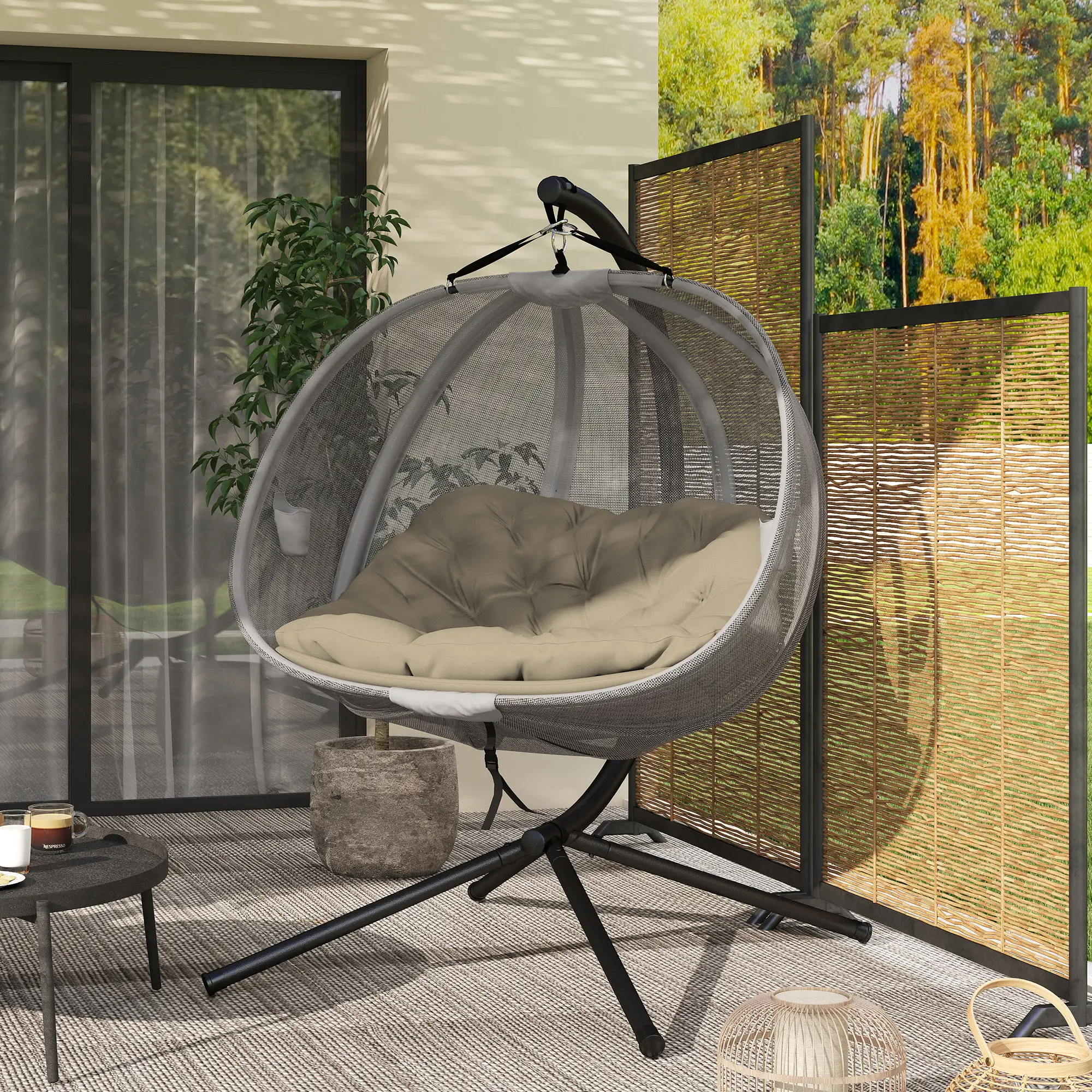 Double Egg Chair with Stand, 2 Person Hanging Swing, Khaki - Image 10