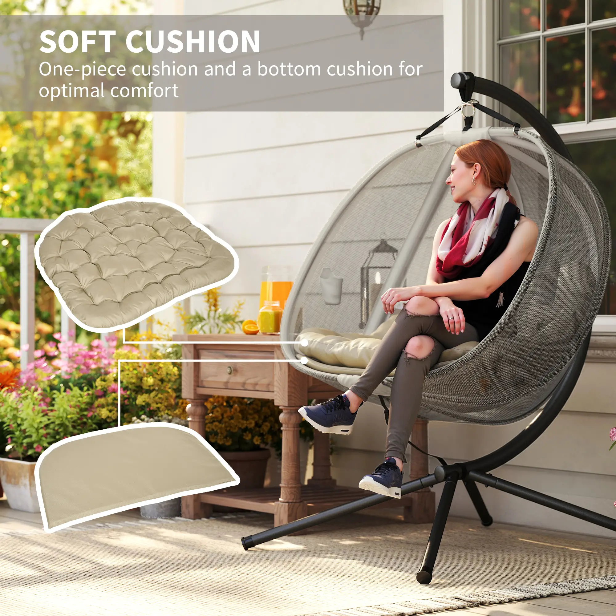 Double Egg Chair with Stand, 2 Person Hanging Swing, Khaki - Image 5