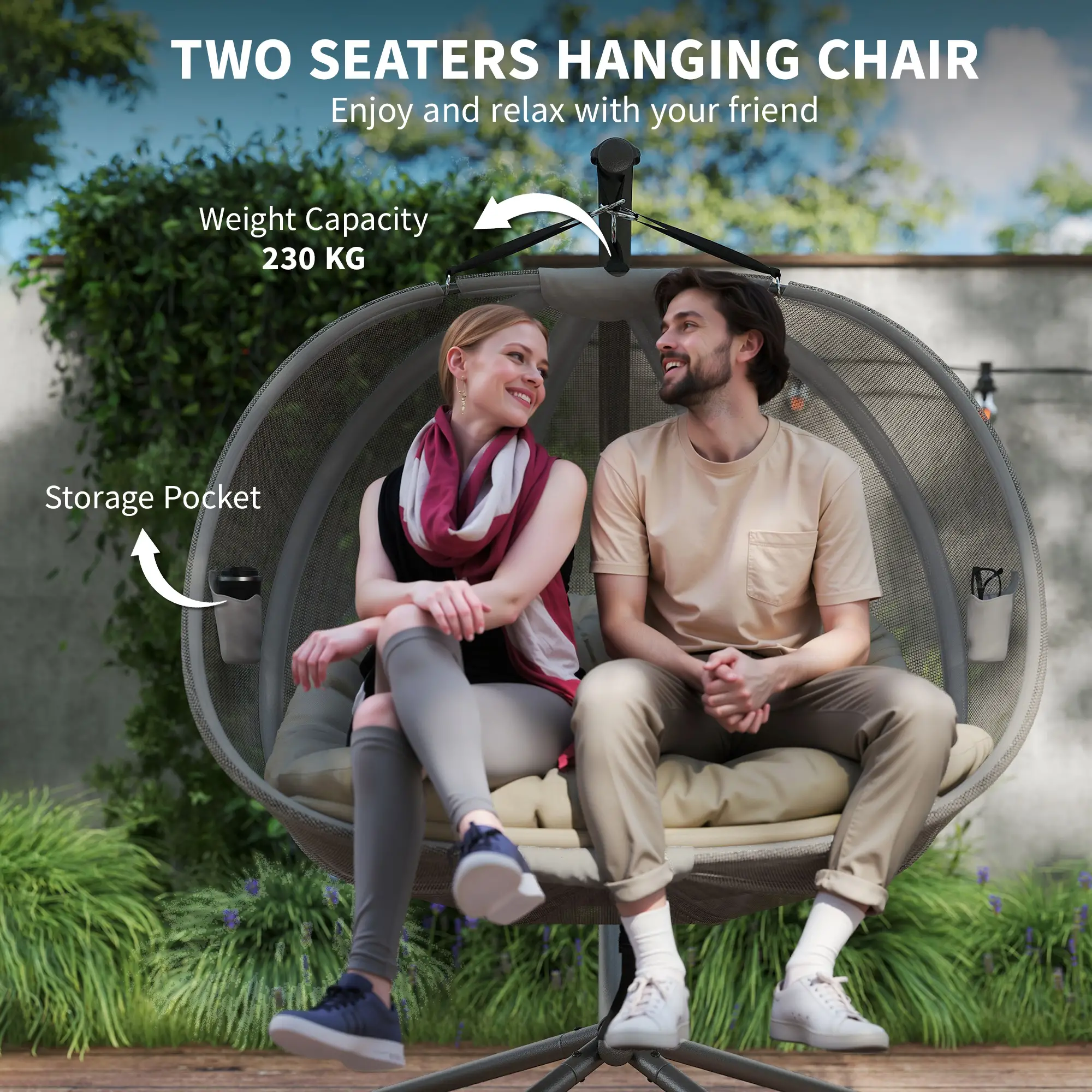 Double Egg Chair with Stand, 2 Person Hanging Swing, Khaki - Image 9
