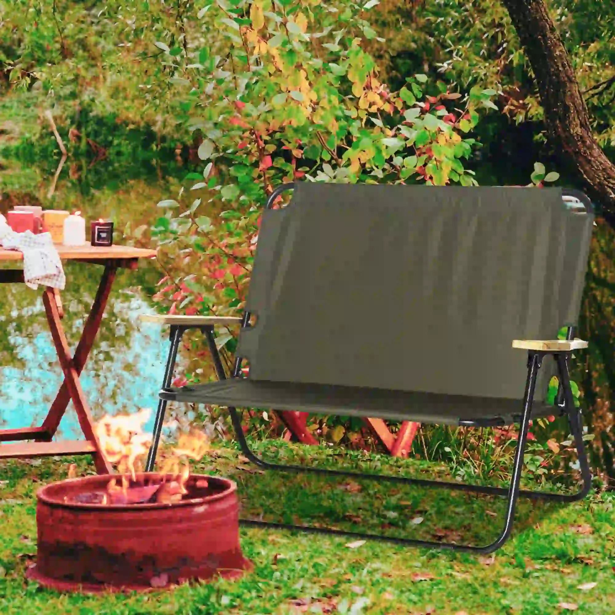 Double Folding Chair, Loveseat Camping Chair for 2, Portable Outdoor Chair, Green - Image 2