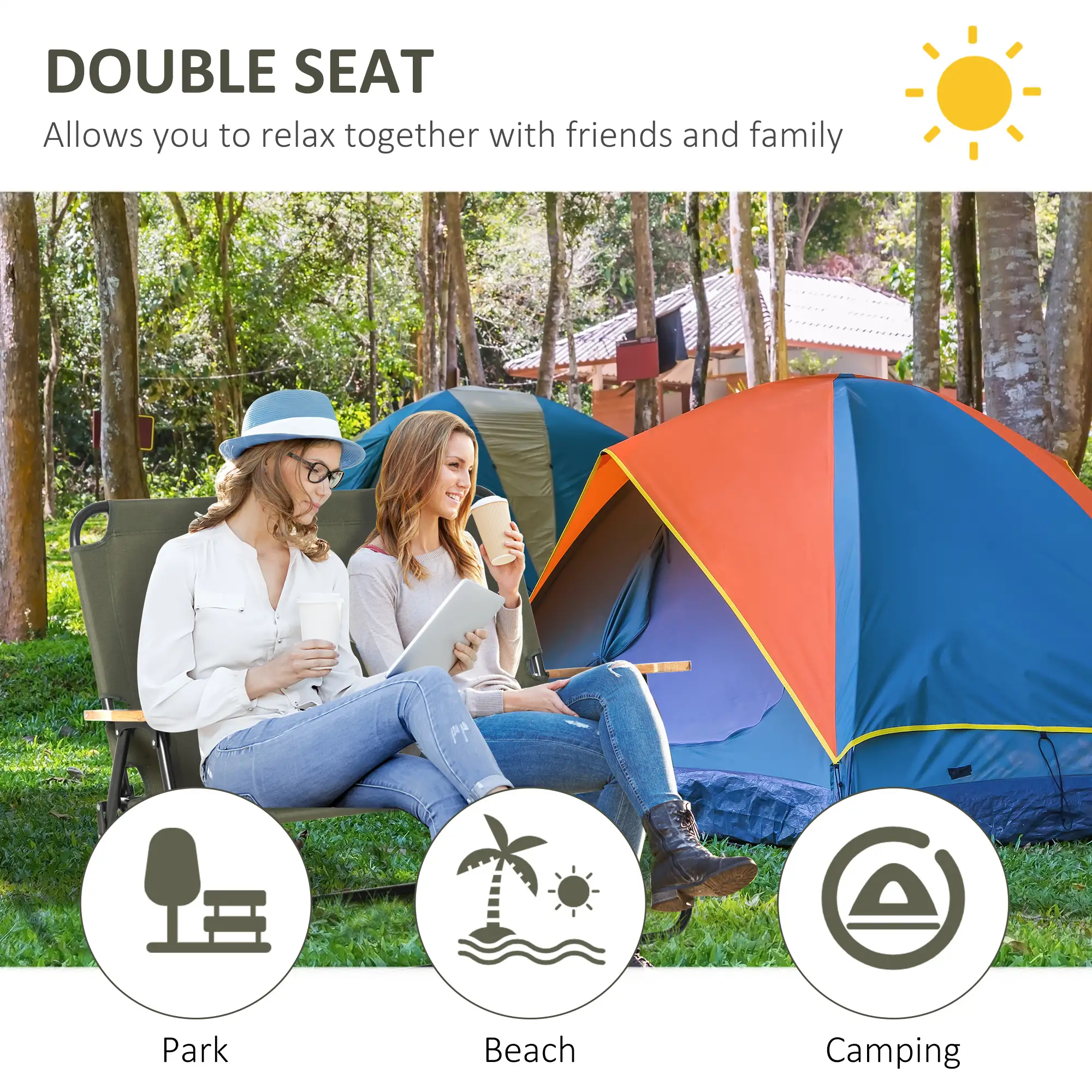 Double Folding Chair, Loveseat Camping Chair for 2, Portable Outdoor Chair, Green - Image 4
