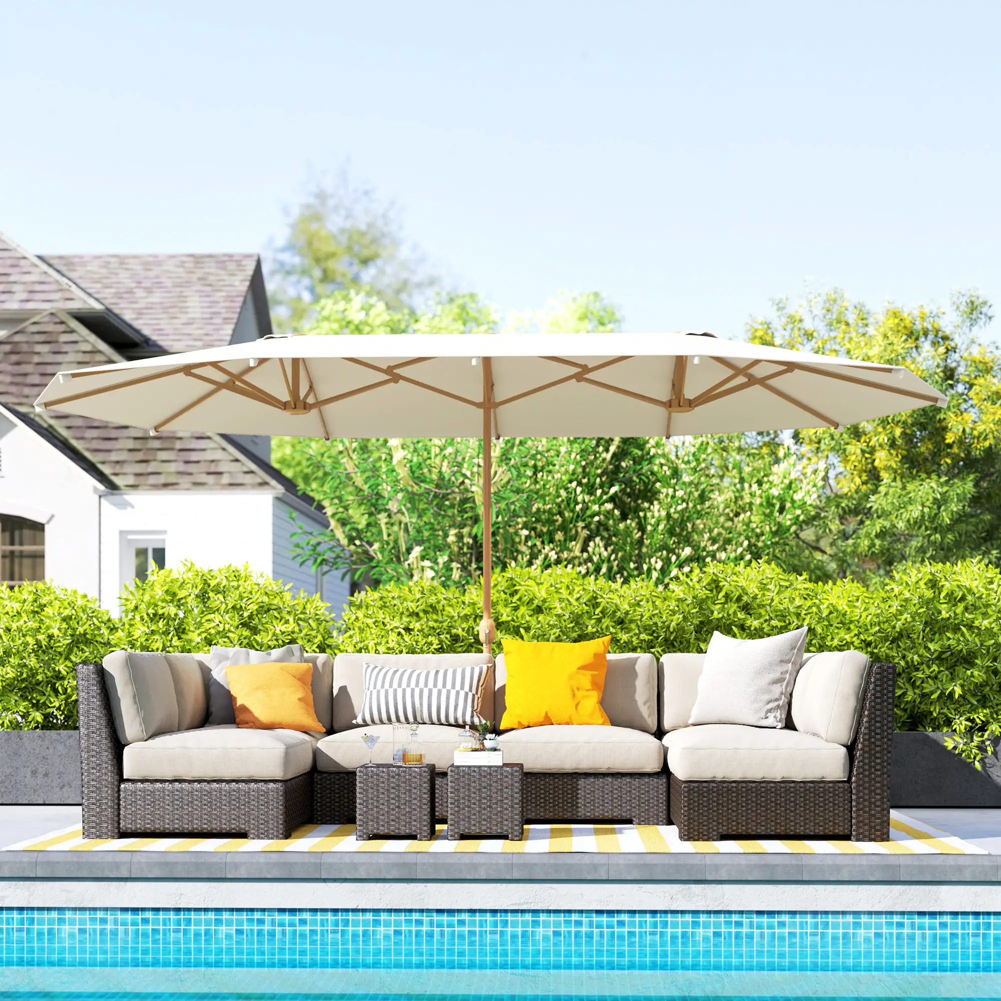 Double Garden Parasol, 179.1"W x 104.3"D, Crank, Steel Ribs, UV30+, Beige - Image 2