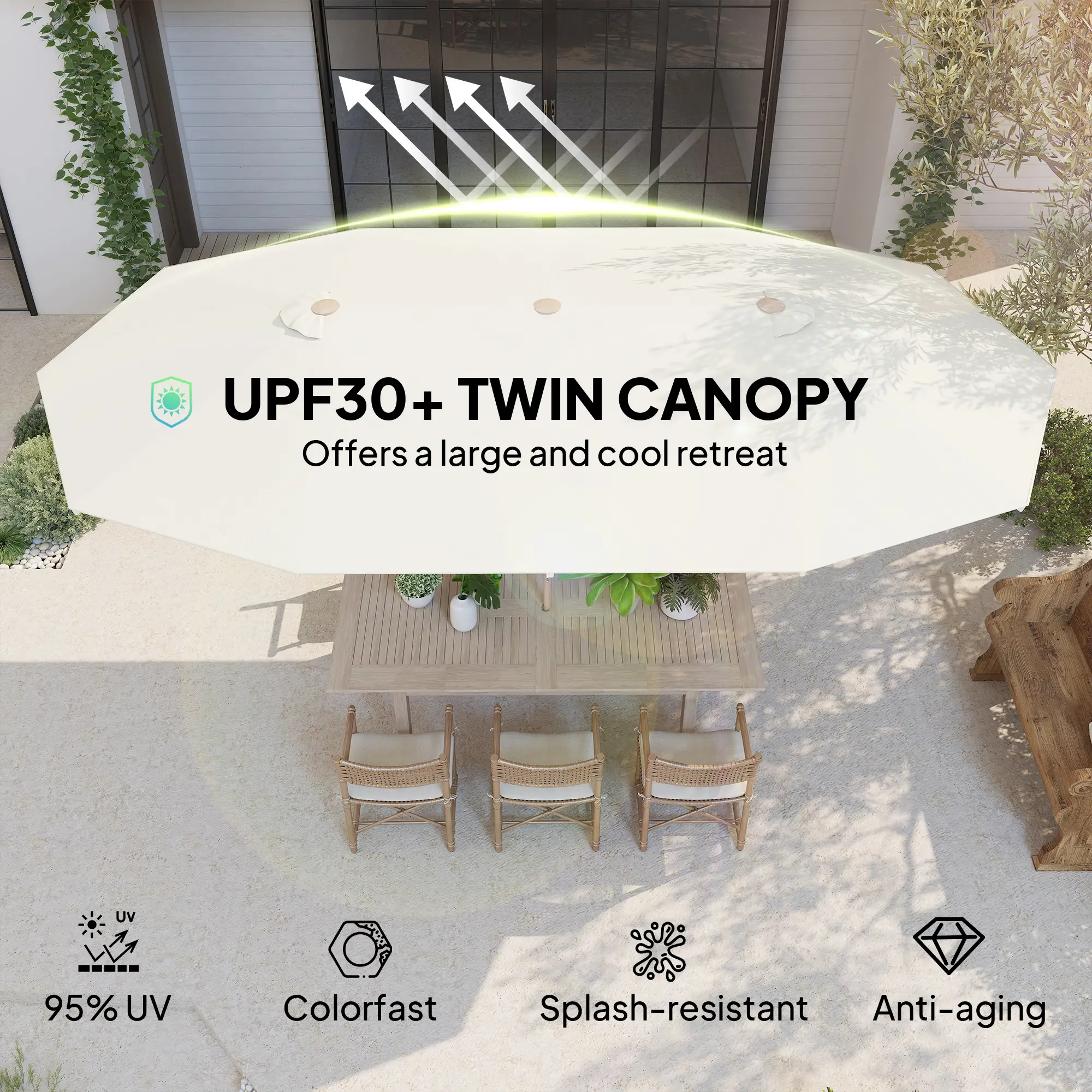 Double Garden Parasol, 179.1"W x 104.3"D, Crank, Steel Ribs, UV30+, Beige - Image 4