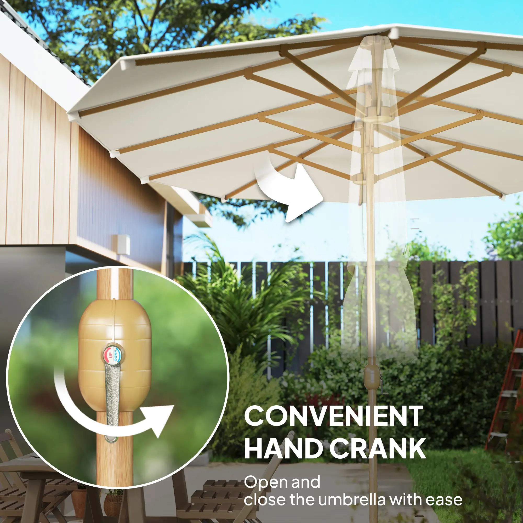 Double Garden Parasol, 179.1"W x 104.3"D, Crank, Steel Ribs, UV30+, Beige - Image 5