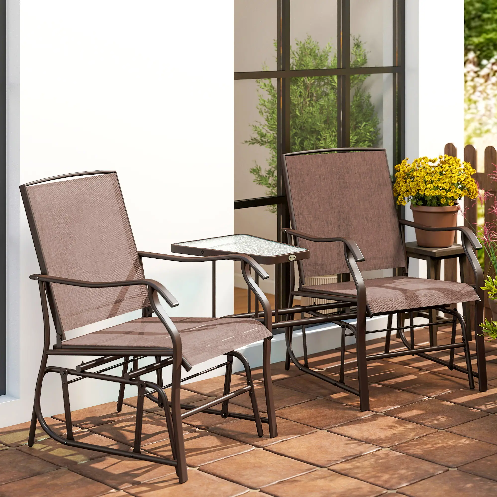 Double Glider Chair, Glass Top Table, High Back, Sling Fabric, Brown - Image 10