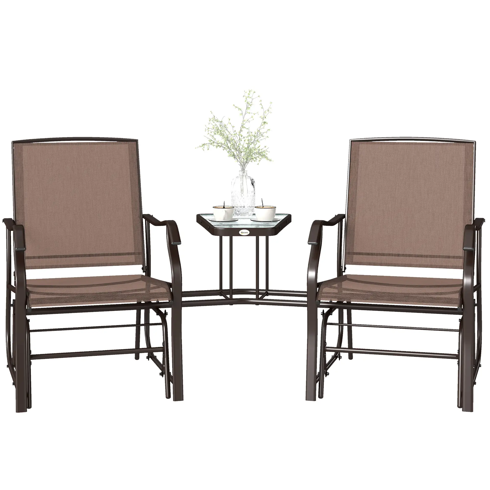 Double Glider Chair, Glass Top Table, High Back, Sling Fabric, Brown - Image 14