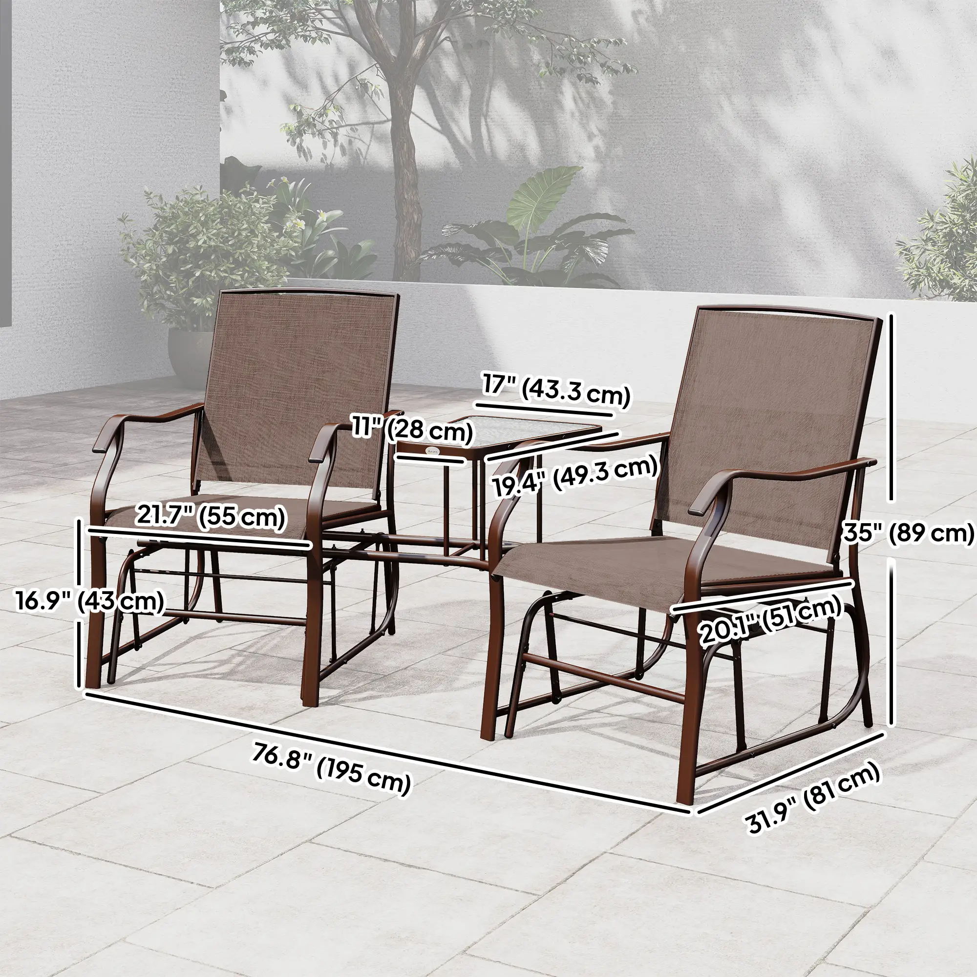 Double Glider Chair, Glass Top Table, High Back, Sling Fabric, Brown - Image 3