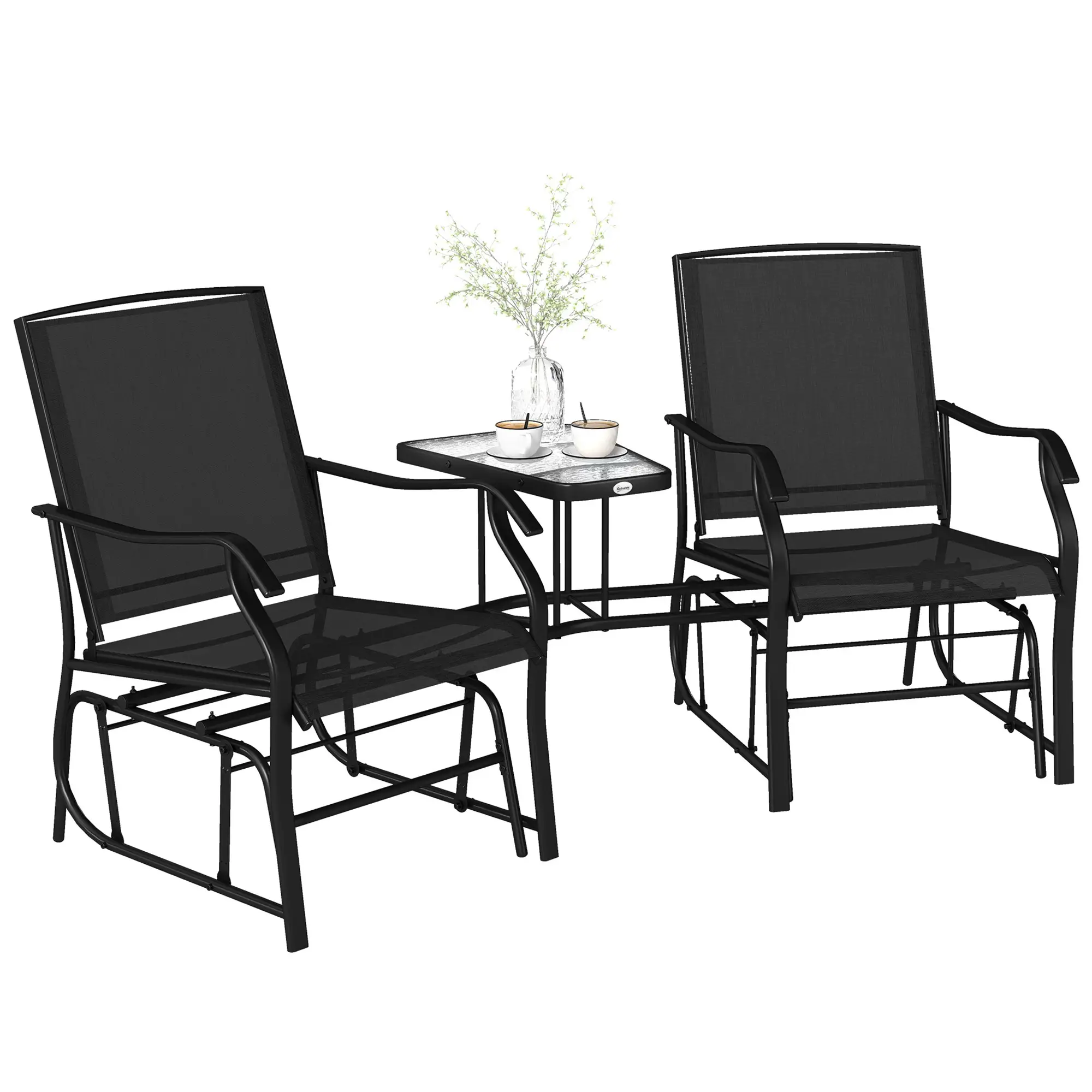 Double Glider Chair with Glass Table, Outdoor High Back, Black