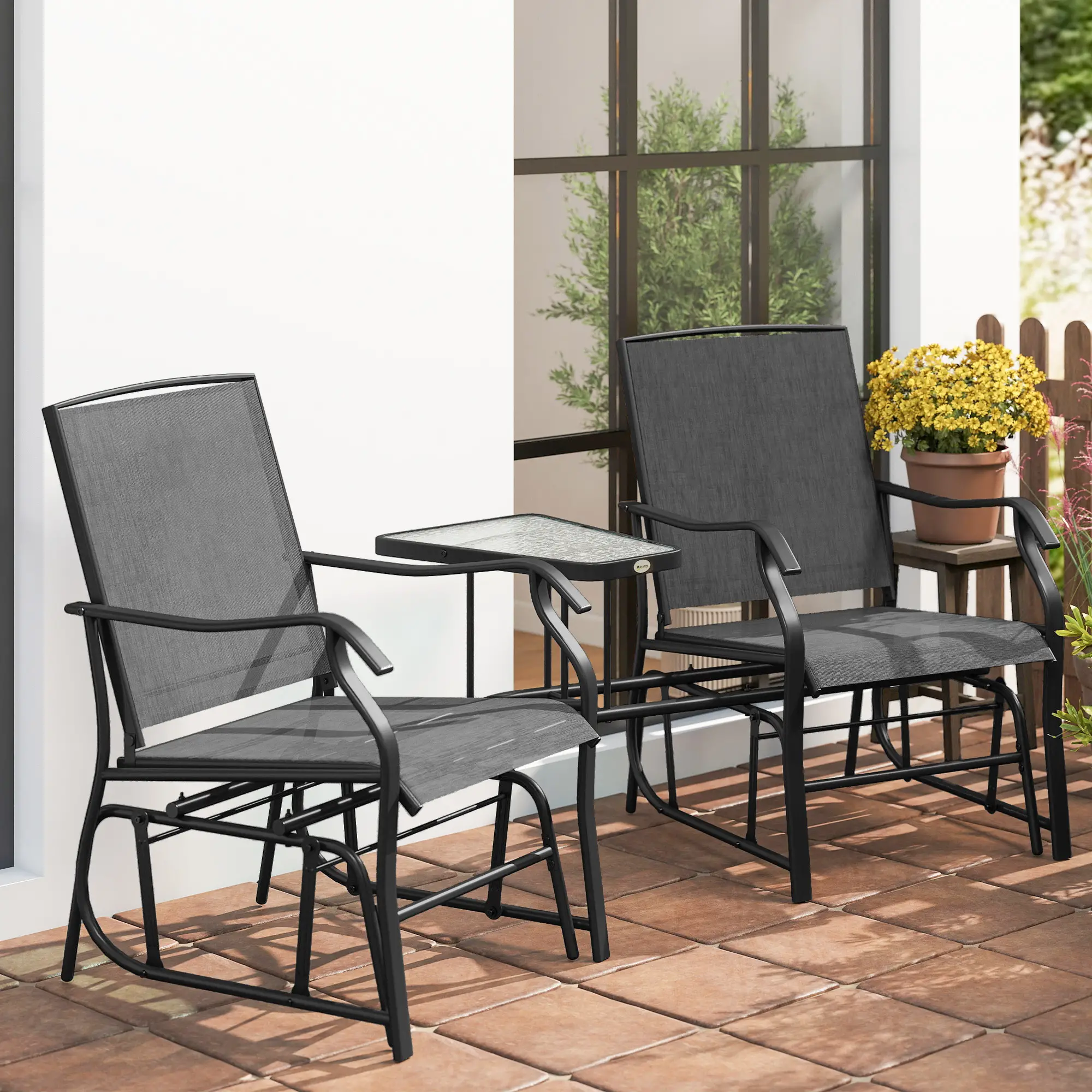 Double Glider Chair with Glass Table, Outdoor High Back, Black - Image 9