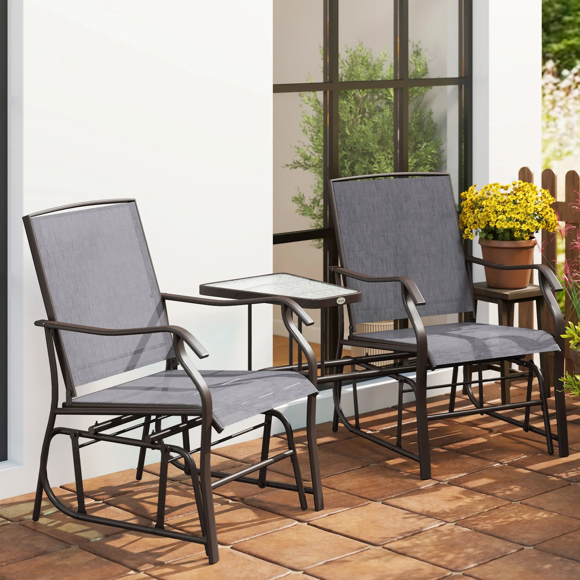Double Glider Chair with Glass Top Table, Outdoor High Back, Grey - Image 10