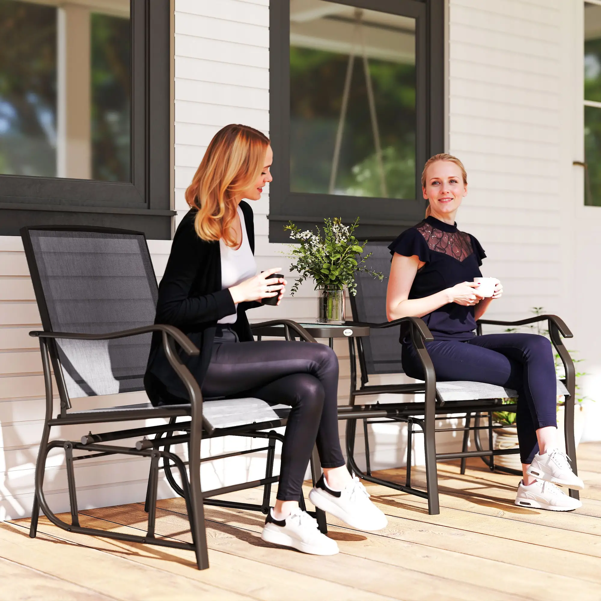 Double Glider Chair with Glass Top Table, Outdoor High Back, Grey - Image 2