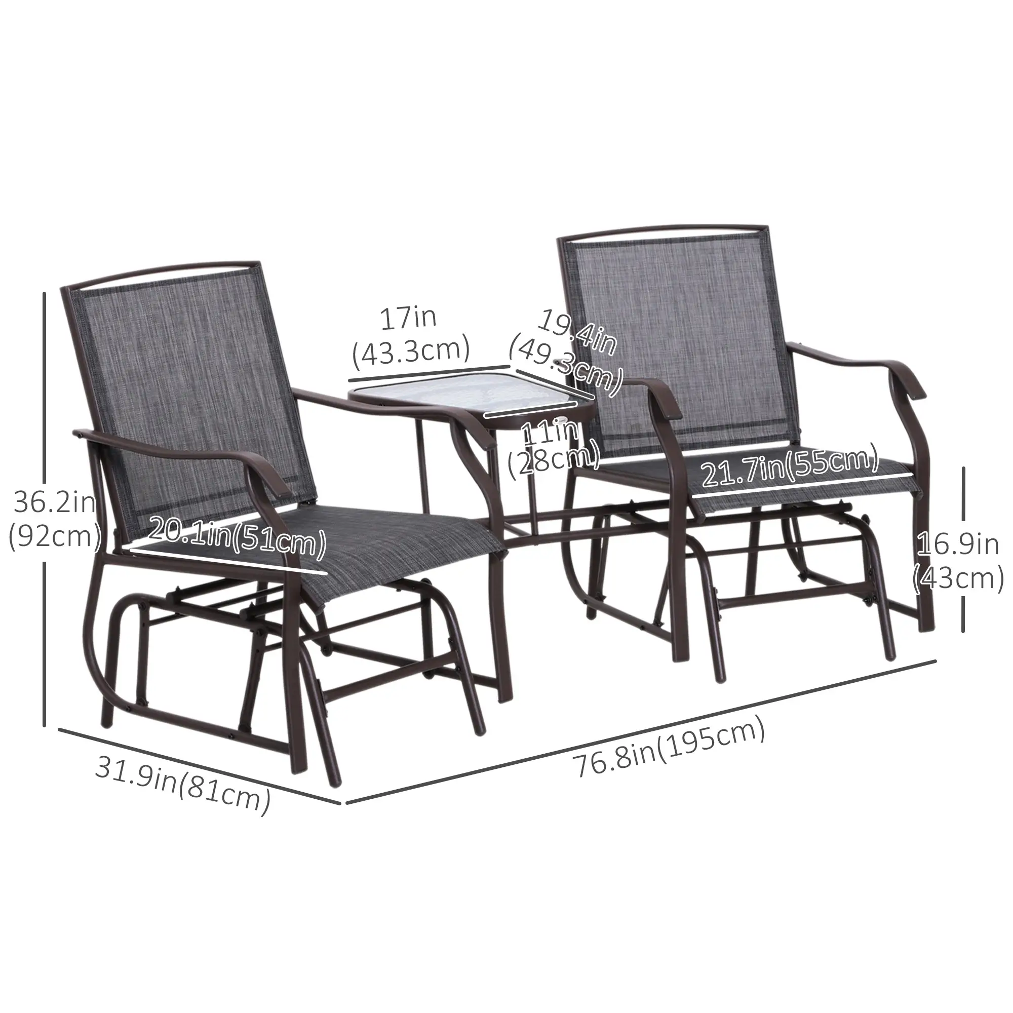 Double Glider Chair with Glass Top Table, Outdoor High Back, Grey - Image 3
