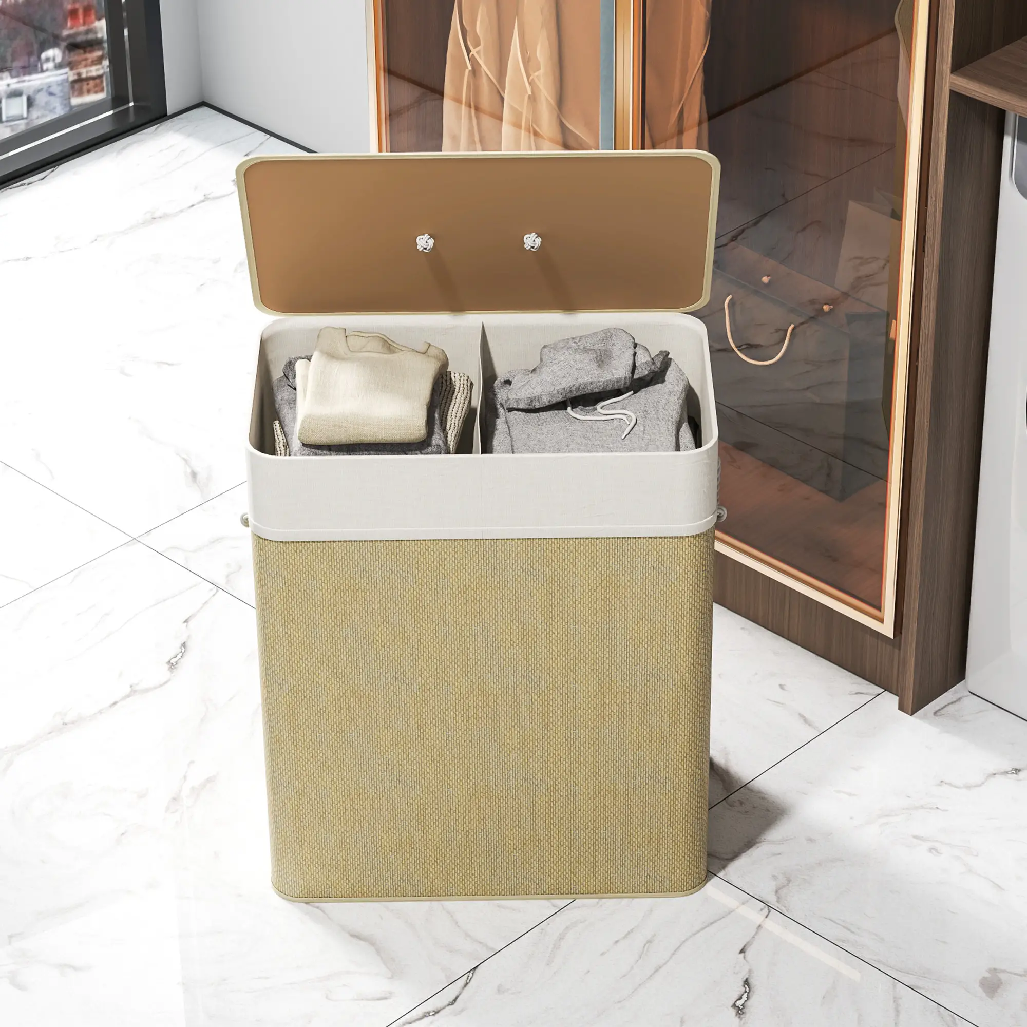 Double Laundry Basket with Lid, 100L Bamboo Hamper, Natural - Image 10