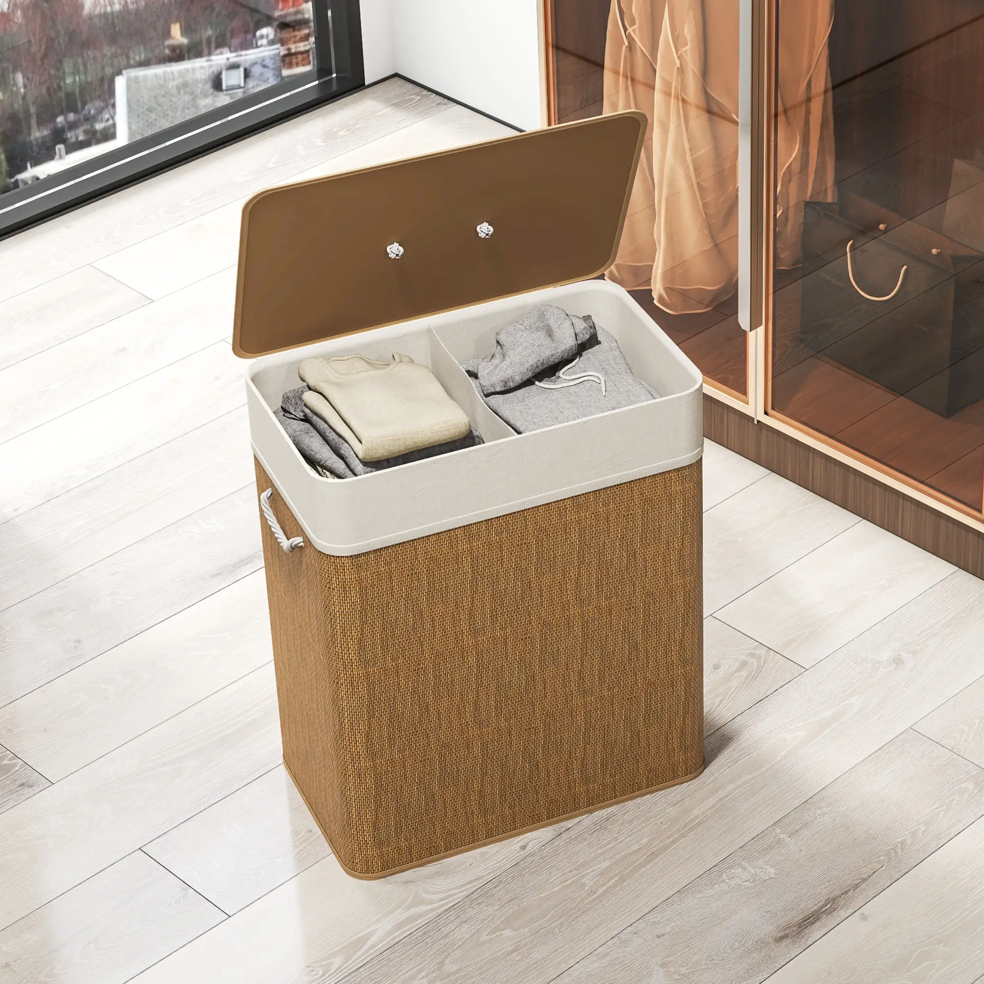 Double Laundry Basket with Lid, 100L Bamboo Hamper, Removable Bags, Brown - Image 10