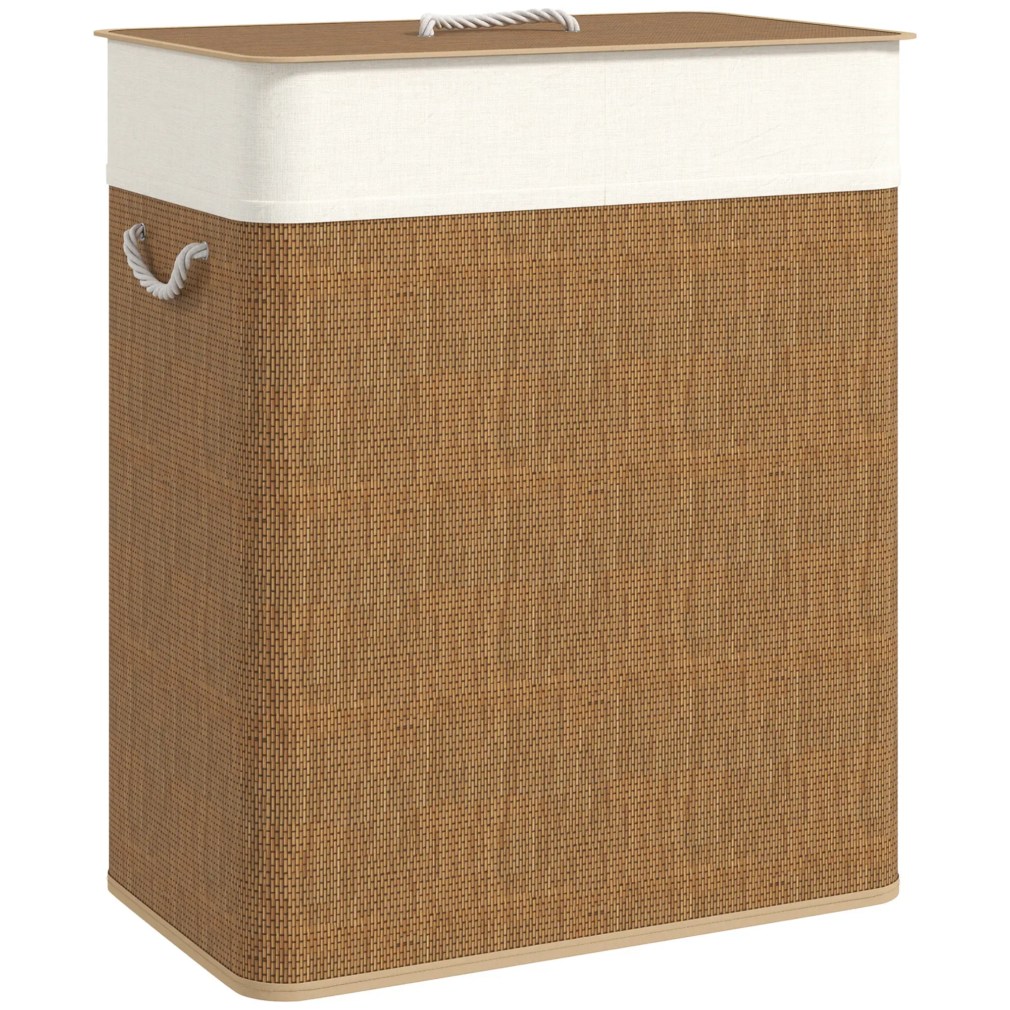 Double Laundry Basket with Lid, 100L Bamboo Hamper, Removable Bags, Brown - Image 11