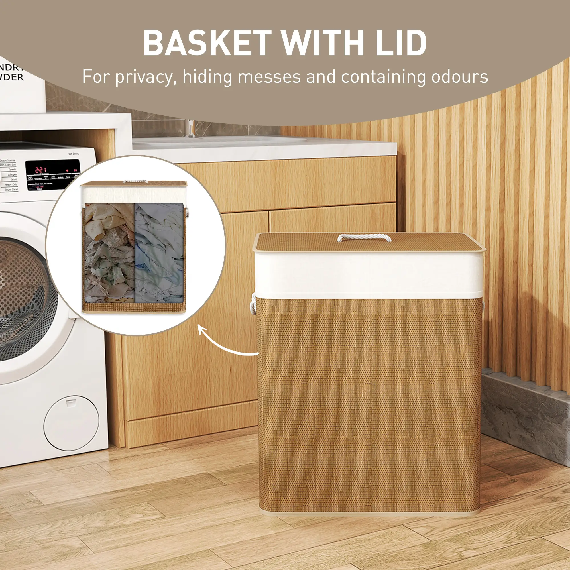 Double Laundry Basket with Lid, 100L Bamboo Hamper, Removable Bags, Brown - Image 5