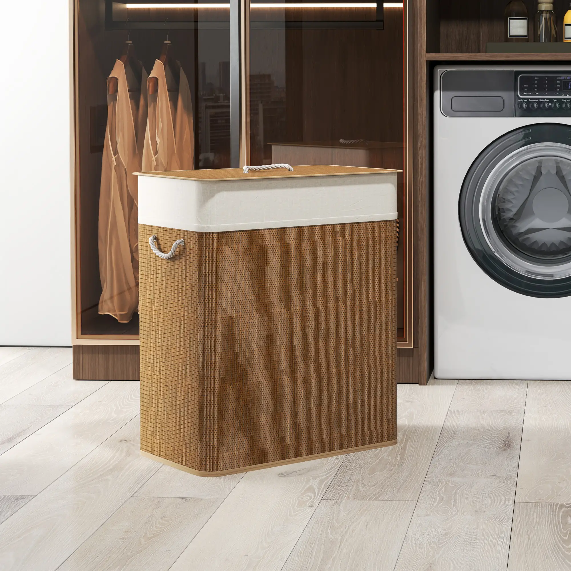 Double Laundry Basket with Lid, 100L Bamboo Hamper, Removable Bags, Brown - Image 8